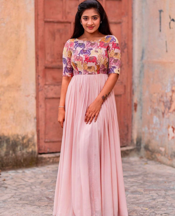 Beautiful Baby Pink Color Chinon  Handwork And Kalamkari Printed Designer Gown