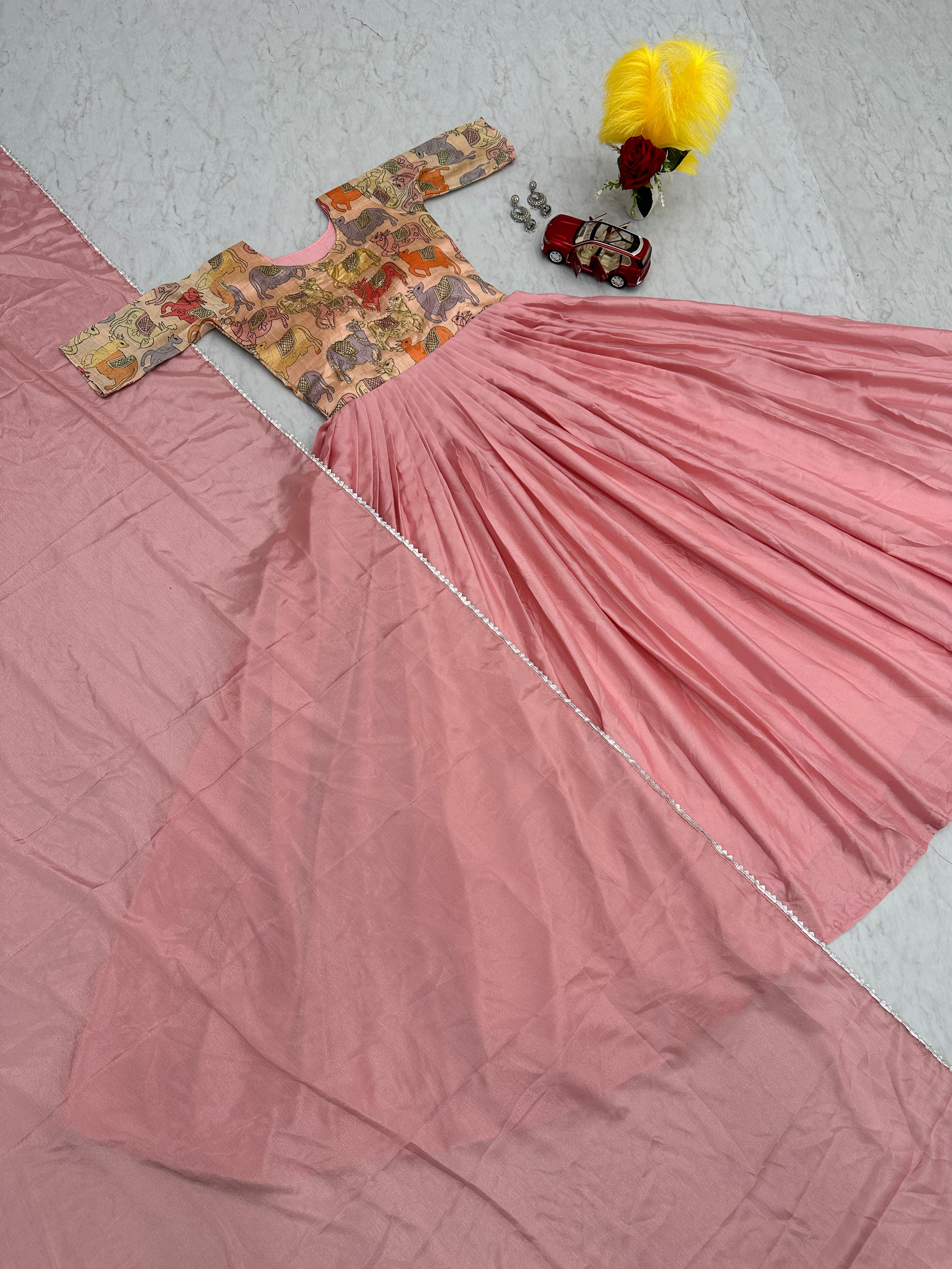 Beautiful Baby Pink Color Chinon  Handwork And Kalamkari Printed Designer Gown