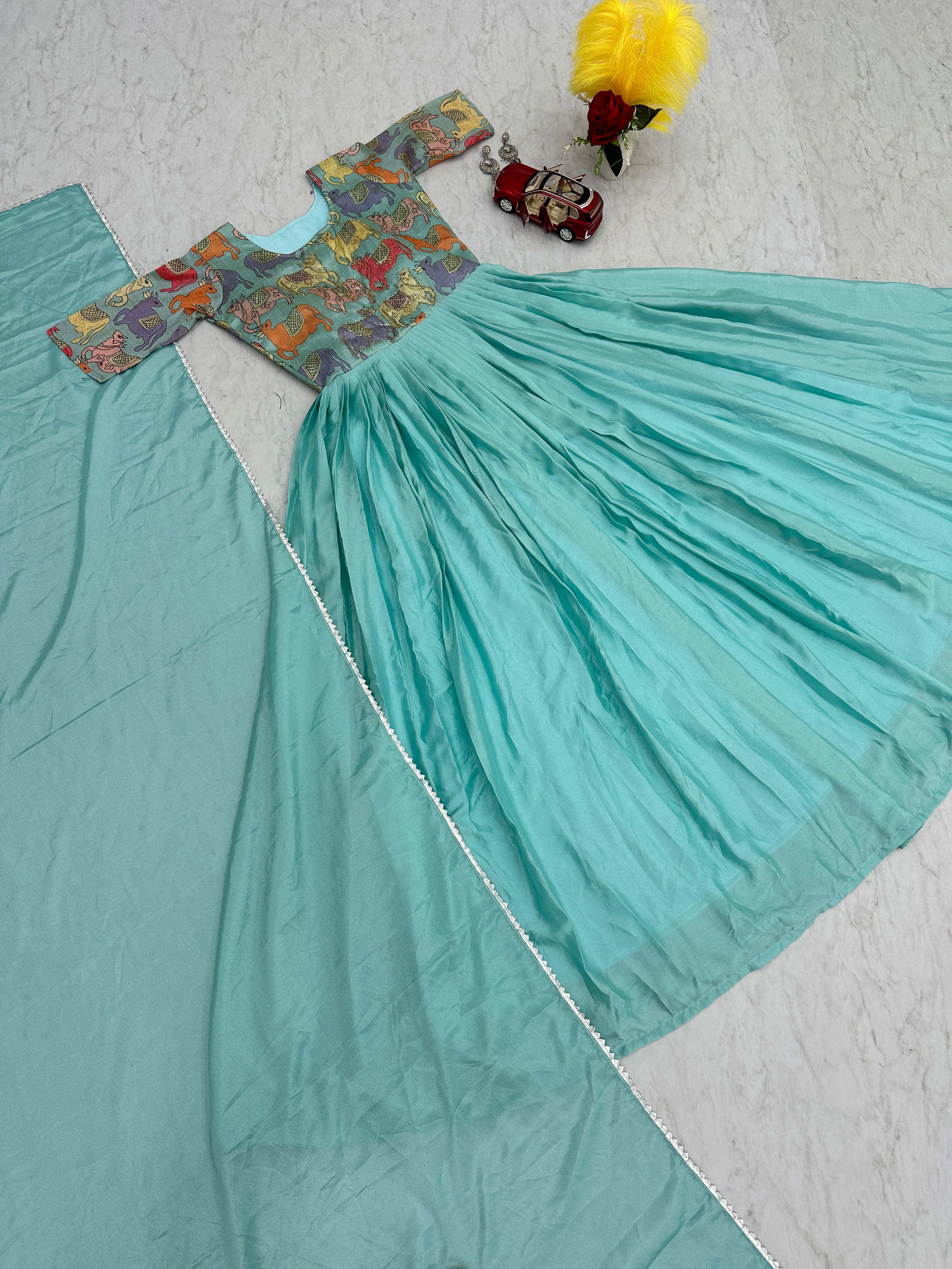 Embellished Sky Blue Color Chinon Handwork And Kalamkari Printed Designer Gown