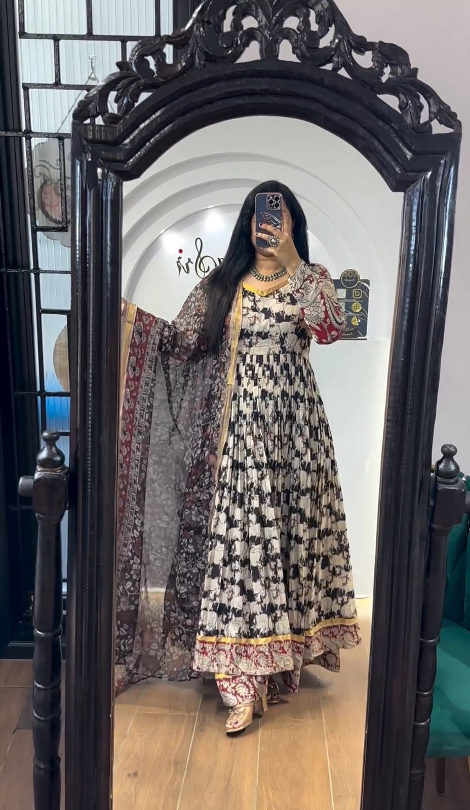 Precious Black Color Rayon Cotton And Kalamkari Printed Designer Gown