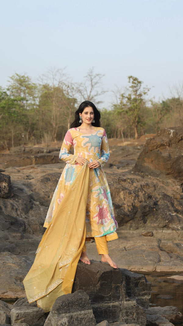 Gorgeous Yellow Multi Color Organza With Hand Print Work And Foil Work Designer Anarkali Suit