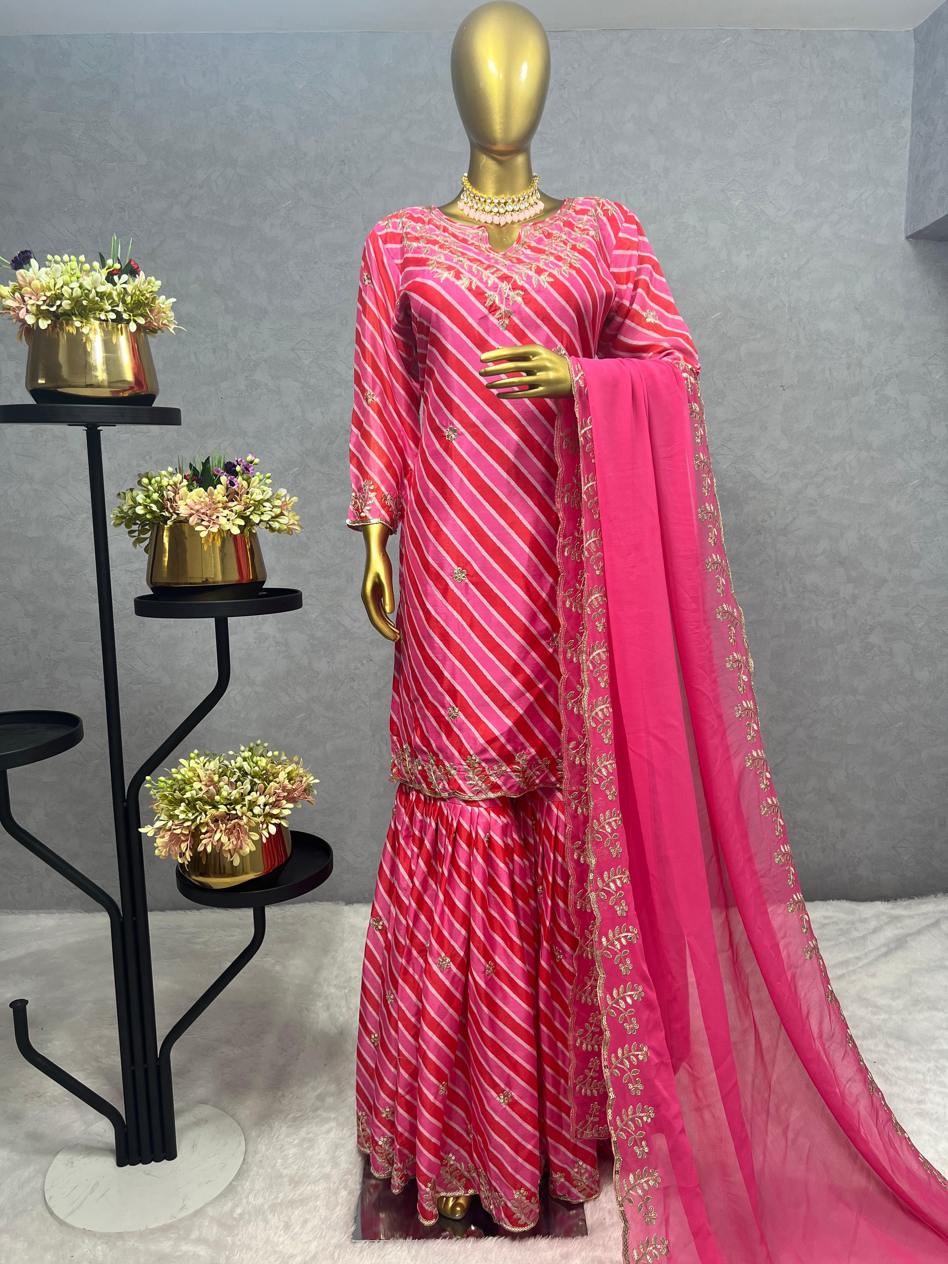 Exclusive Pink Color Heavy Chinon Silk Embroidery Work And Beautiful Digital Printed Sharara Suit