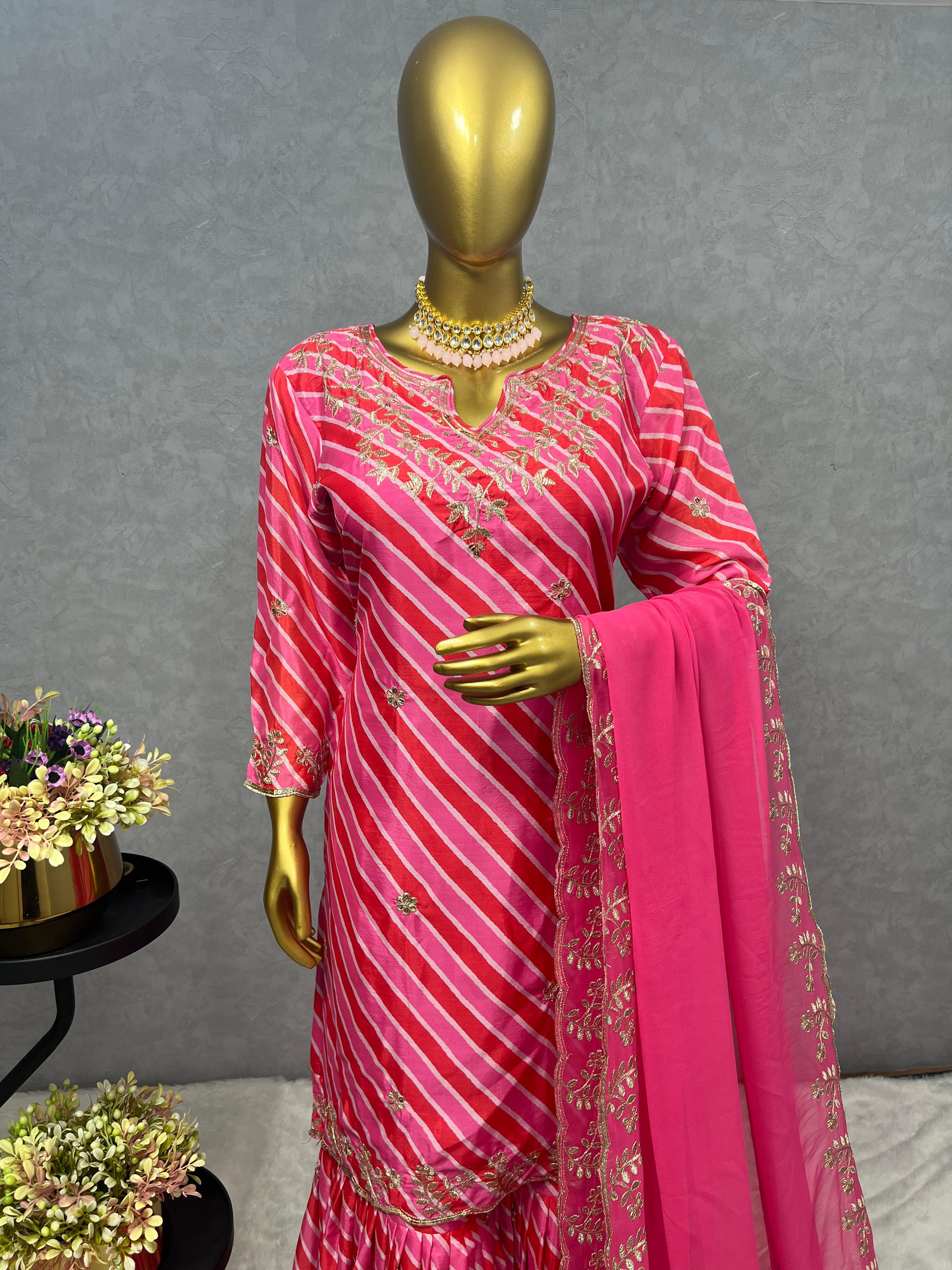 Exclusive Pink Color Heavy Chinon Silk Embroidery Work And Beautiful Digital Printed Sharara Suit