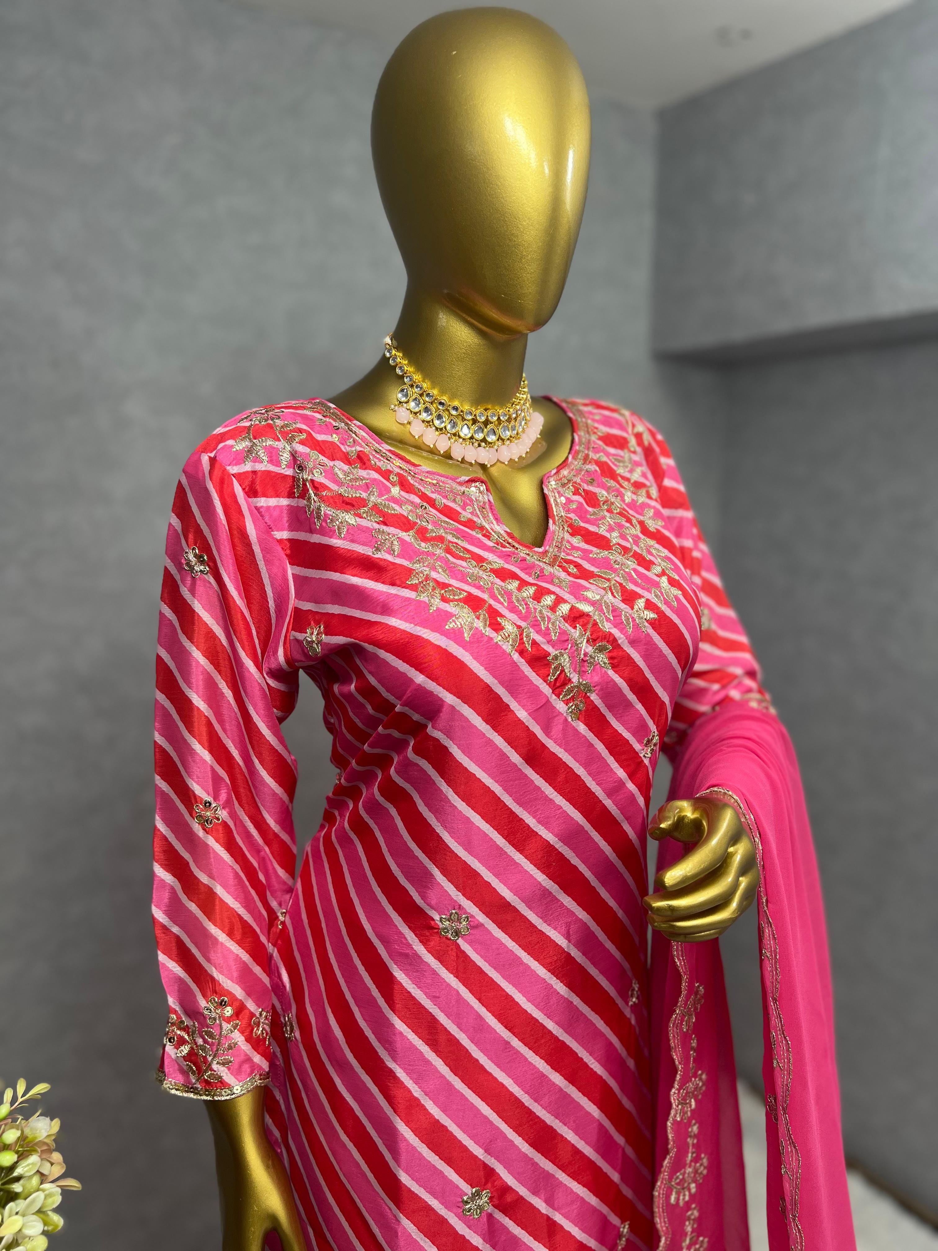 Exclusive Pink Color Heavy Chinon Silk Embroidery Work And Beautiful Digital Printed Sharara Suit