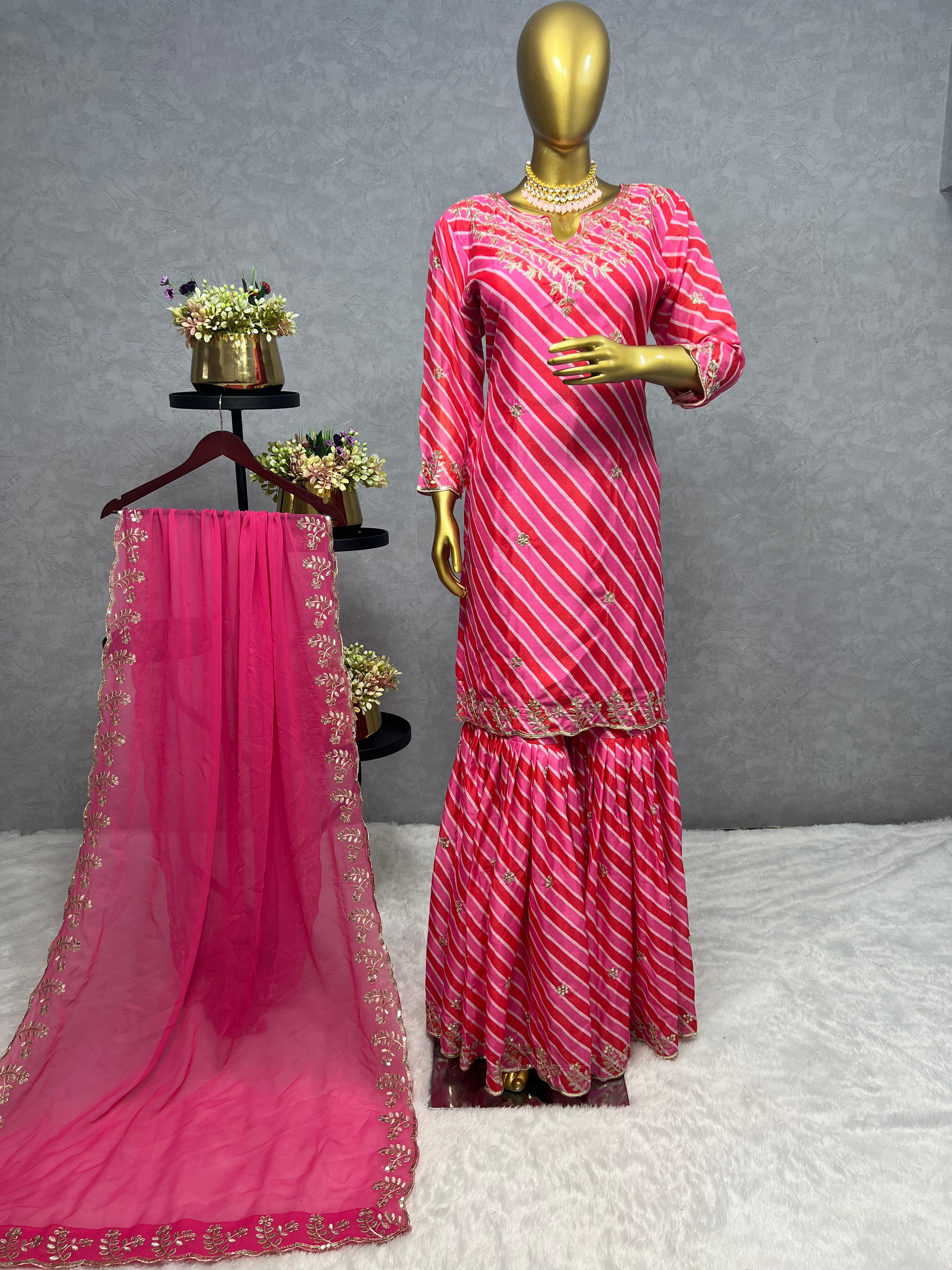 Exclusive Pink Color Heavy Chinon Silk Embroidery Work And Beautiful Digital Printed Sharara Suit