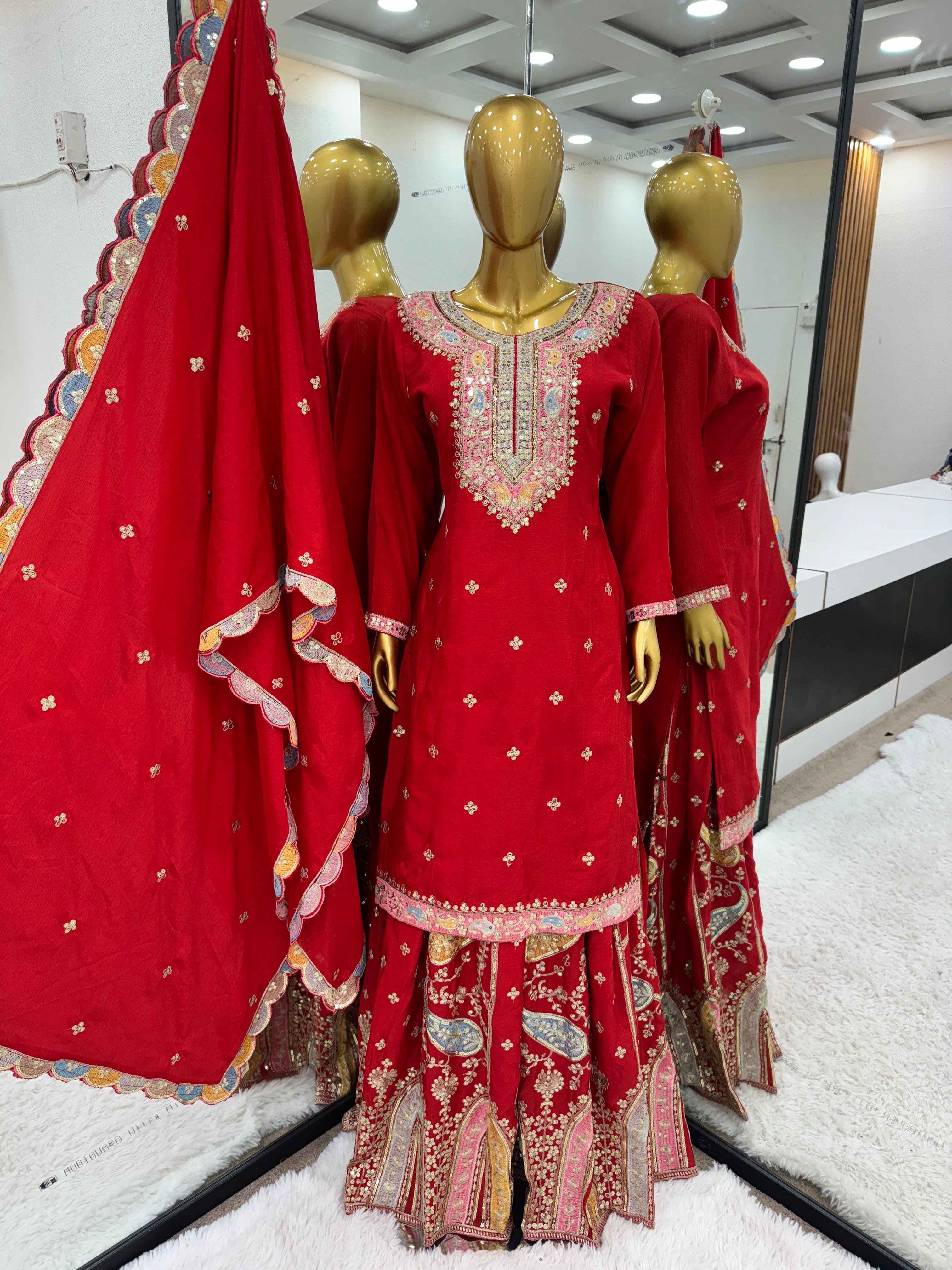 Party Wear Red Color Heavy Chinon Silk Multi Thread Embroidery Sequence Work Designer Sharara Suit