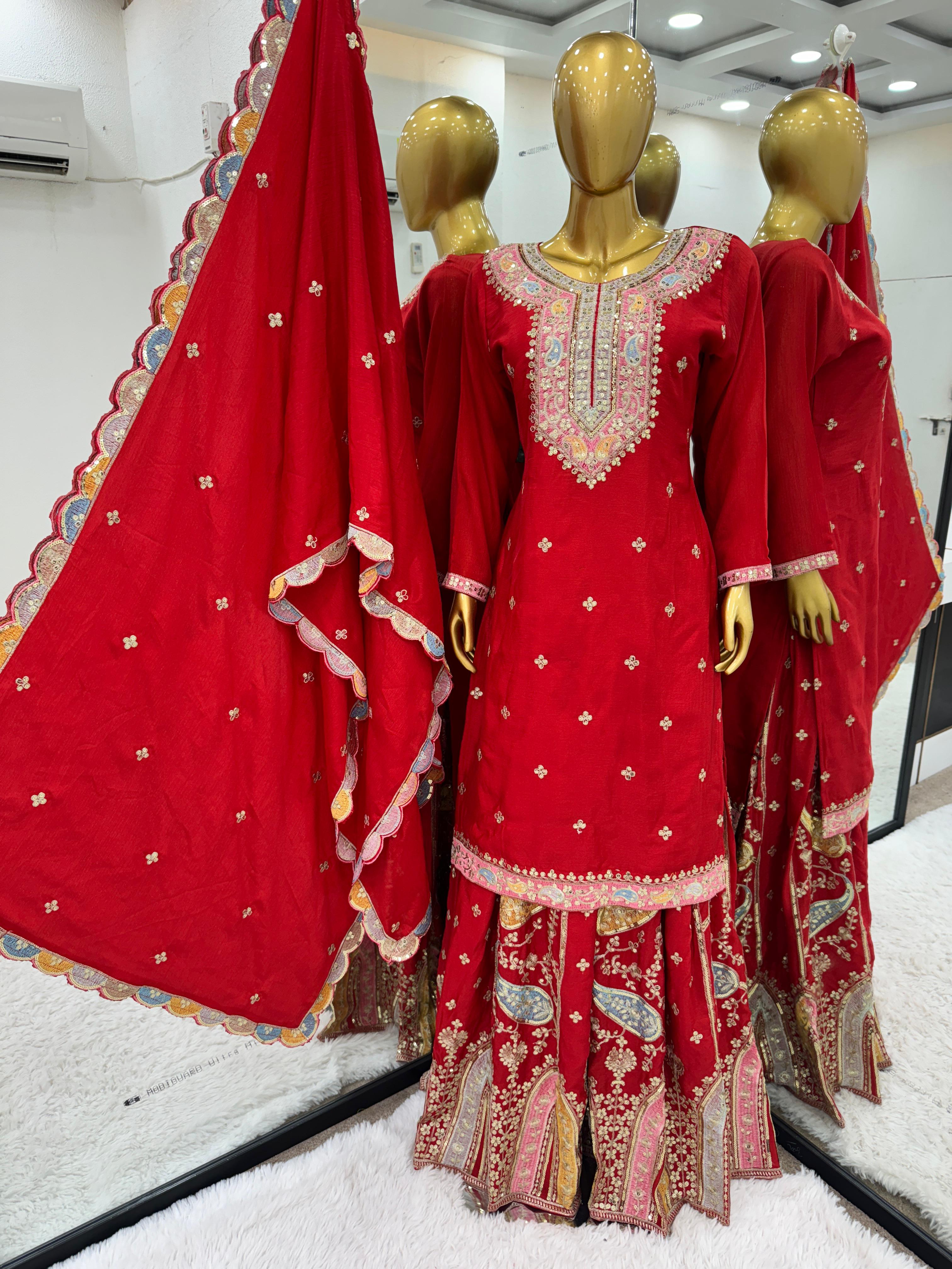 Party Wear Red Color Heavy Chinon Silk Multi Thread Embroidery Sequence Work Designer Sharara Suit