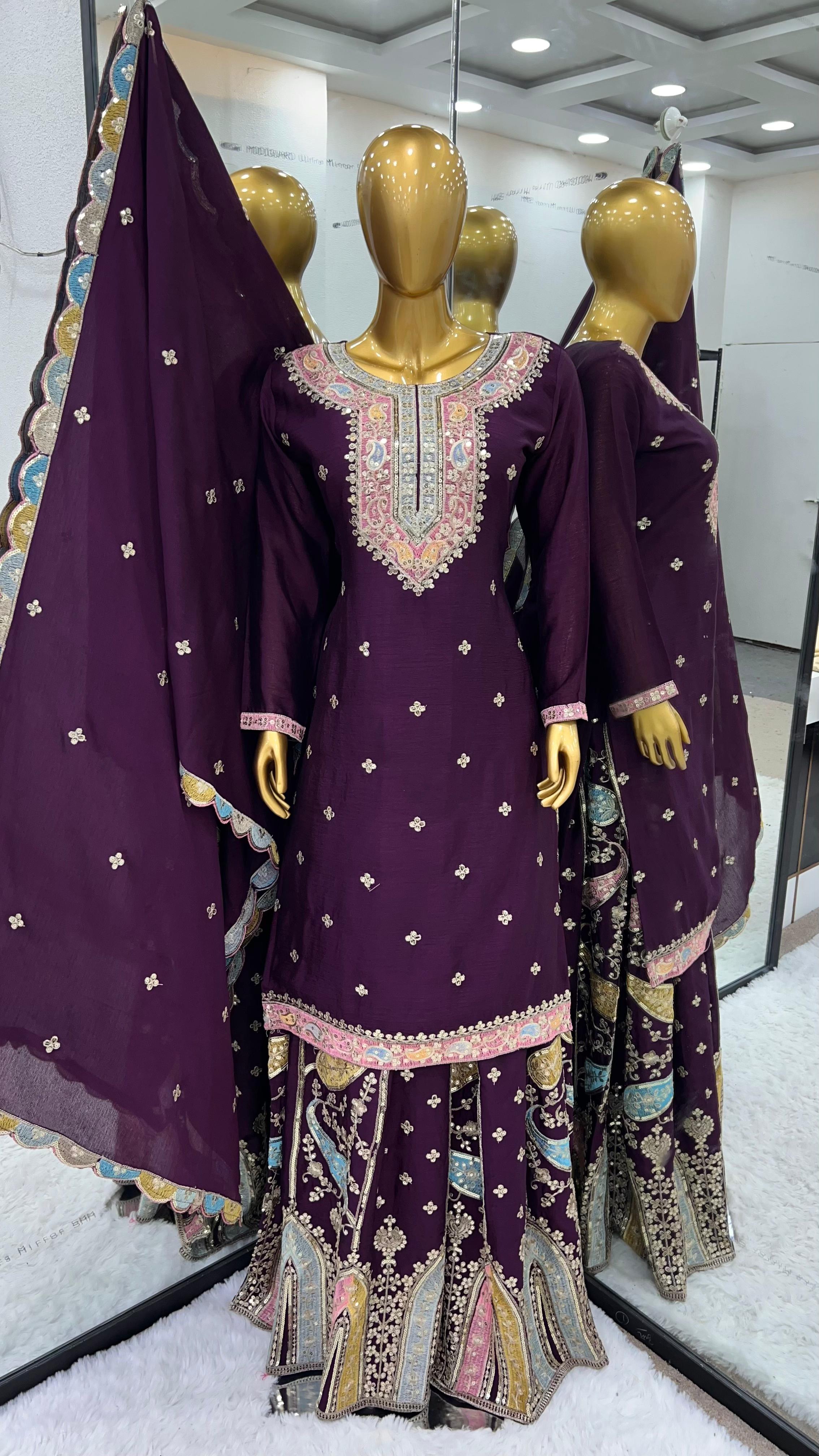 Party Wear Purple Color Heavy Chinon Silk Multi Thread Embroidery Sequence Work Designer Sharara Suit