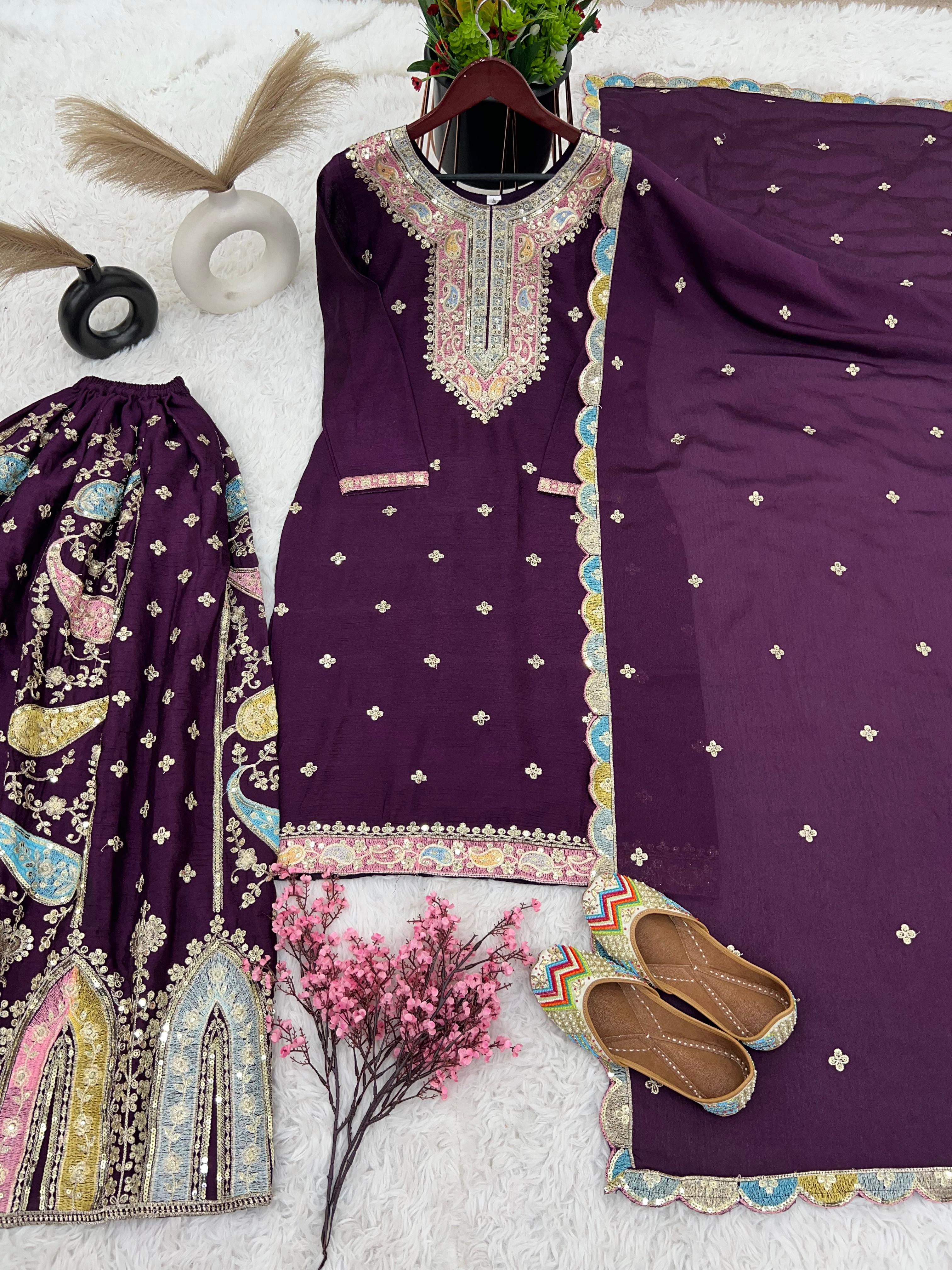 Party Wear Purple Color Heavy Chinon Silk Multi Thread Embroidery Sequence Work Designer Sharara Suit