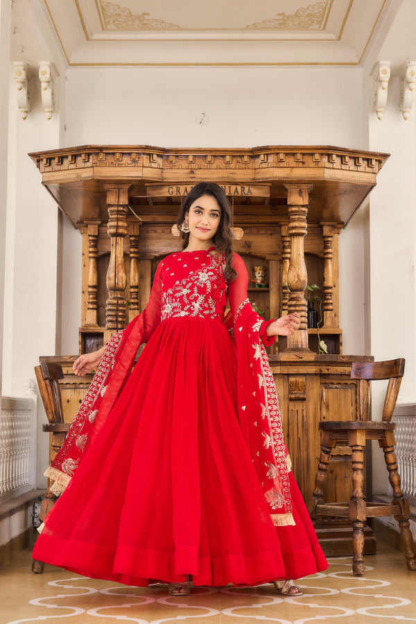 Mesmerizing Red Color Heavy Faux Georgette Heavy 3mm Sequence Embroidery Work Designer Gown