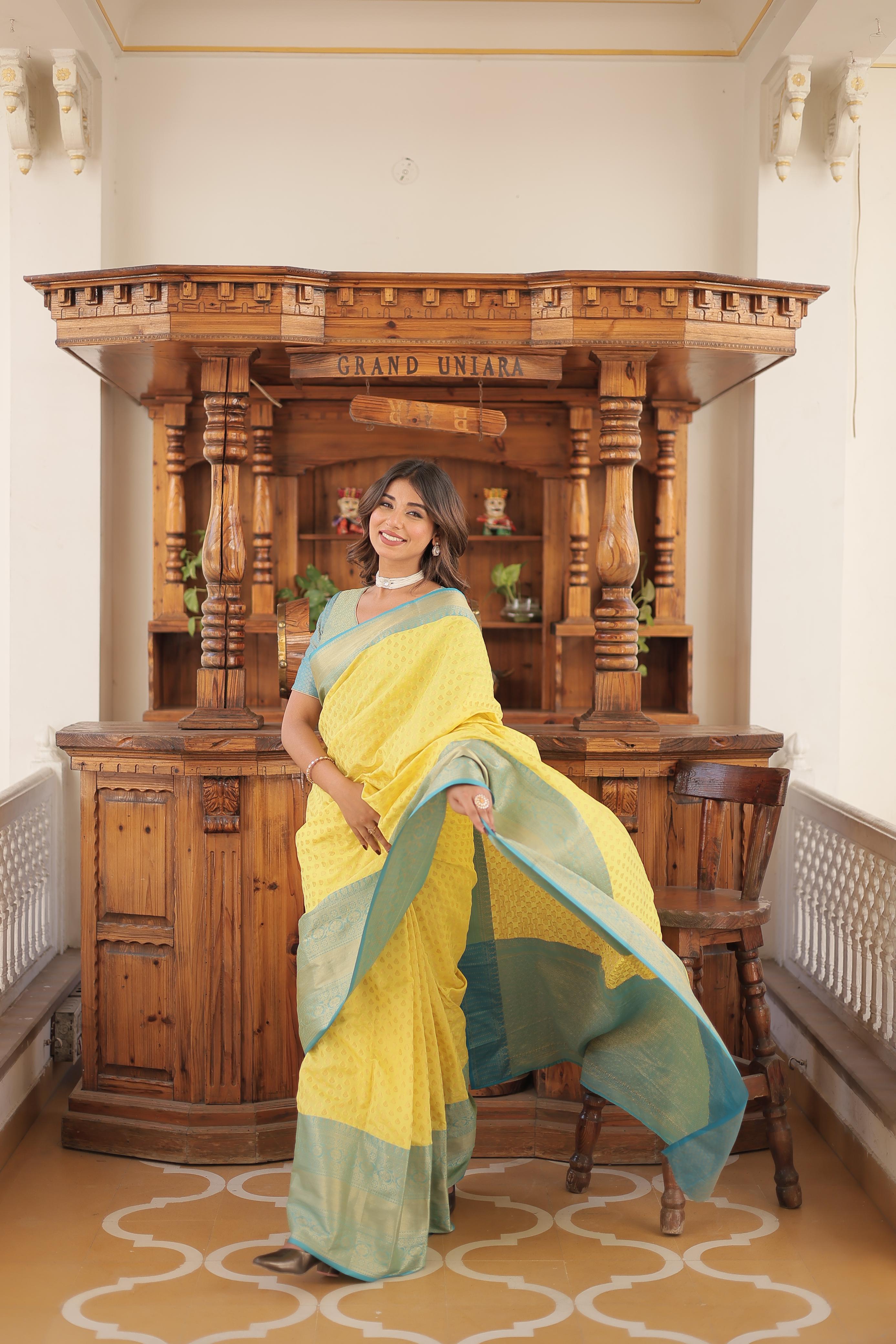 Wedding Wear Yellow Color Kanjivaram Silk With Zari Weaving Work Saree