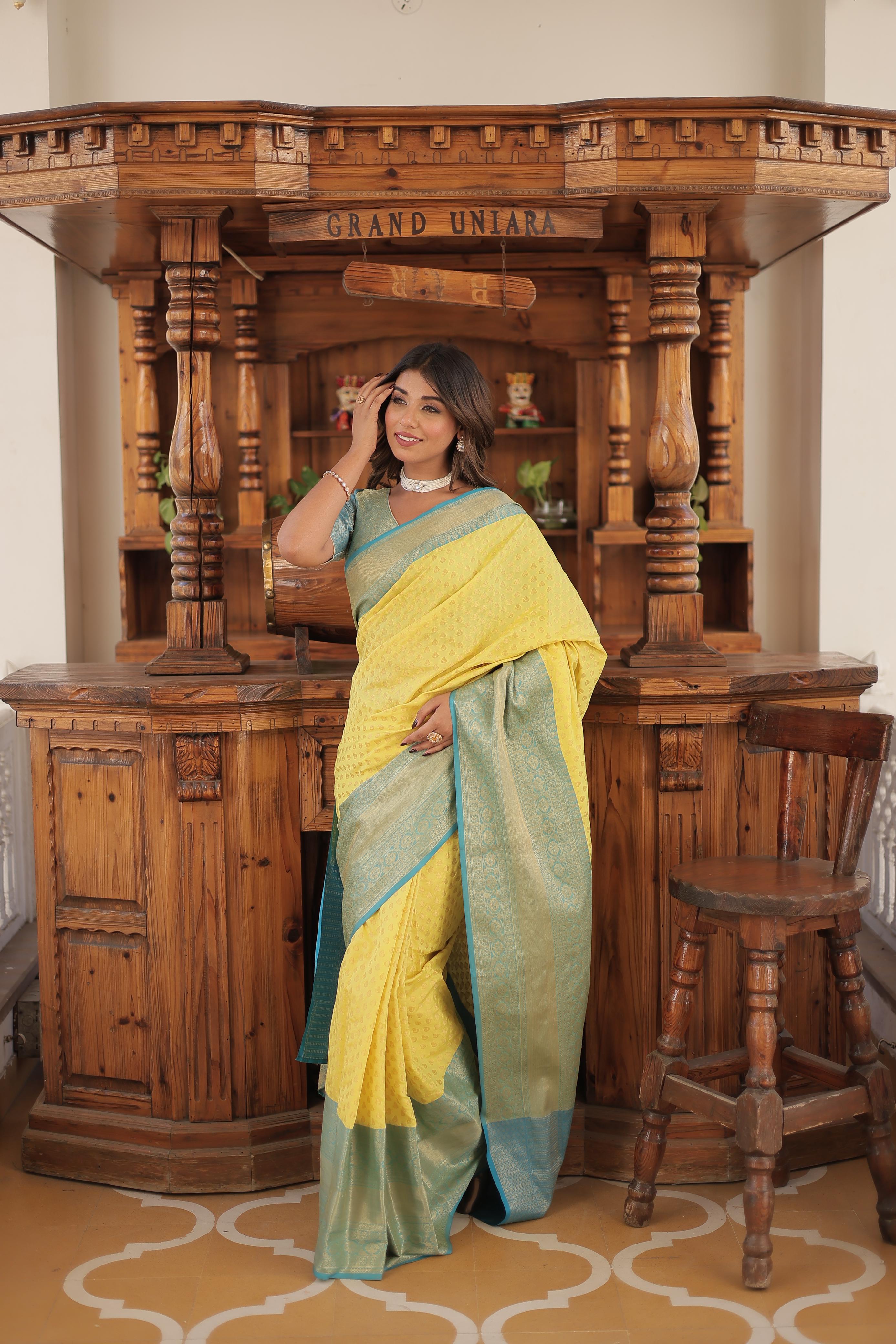 Wedding Wear Yellow Color Kanjivaram Silk With Zari Weaving Work Saree