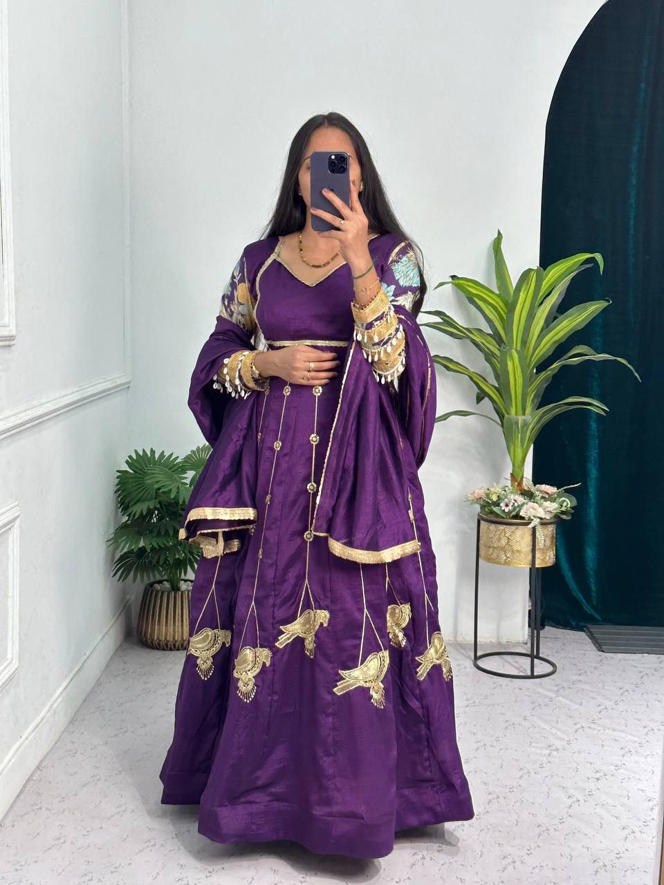 Fabulous Purple Blooming Vichitra Embroidery Zari And Sequins Work Designer Gown