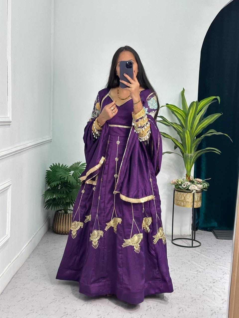 Fabulous Purple Blooming Vichitra Embroidery Zari And Sequins Work Designer Gown