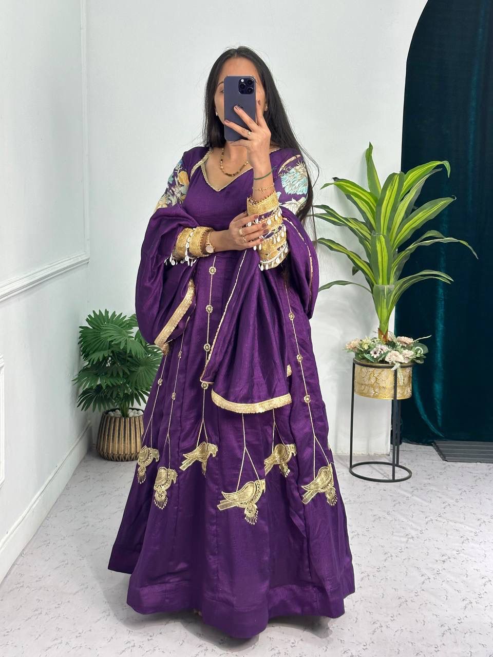 Fabulous Purple Blooming Vichitra Embroidery Zari And Sequins Work Designer Gown