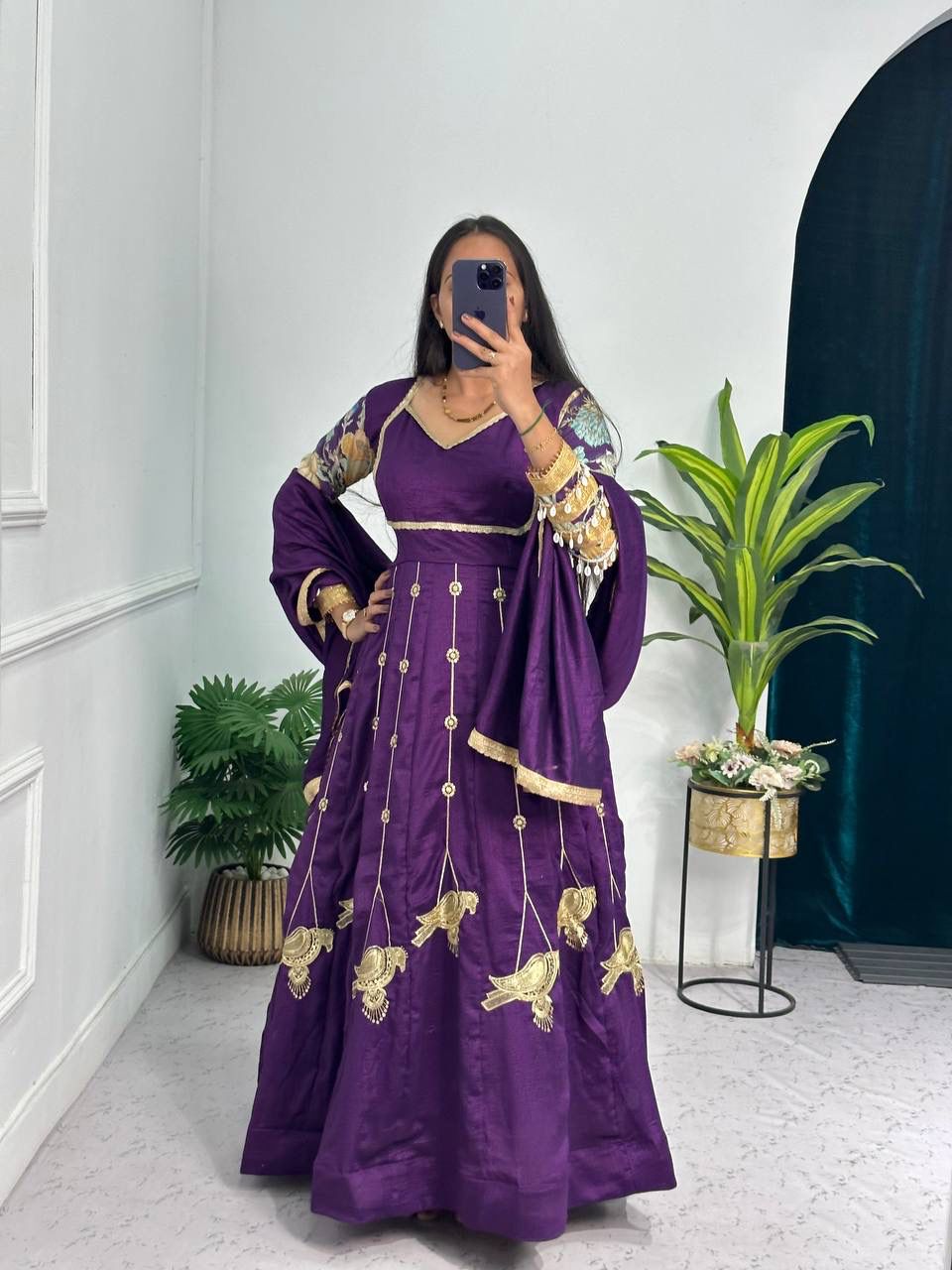 Fabulous Purple Blooming Vichitra Embroidery Zari And Sequins Work Designer Gown