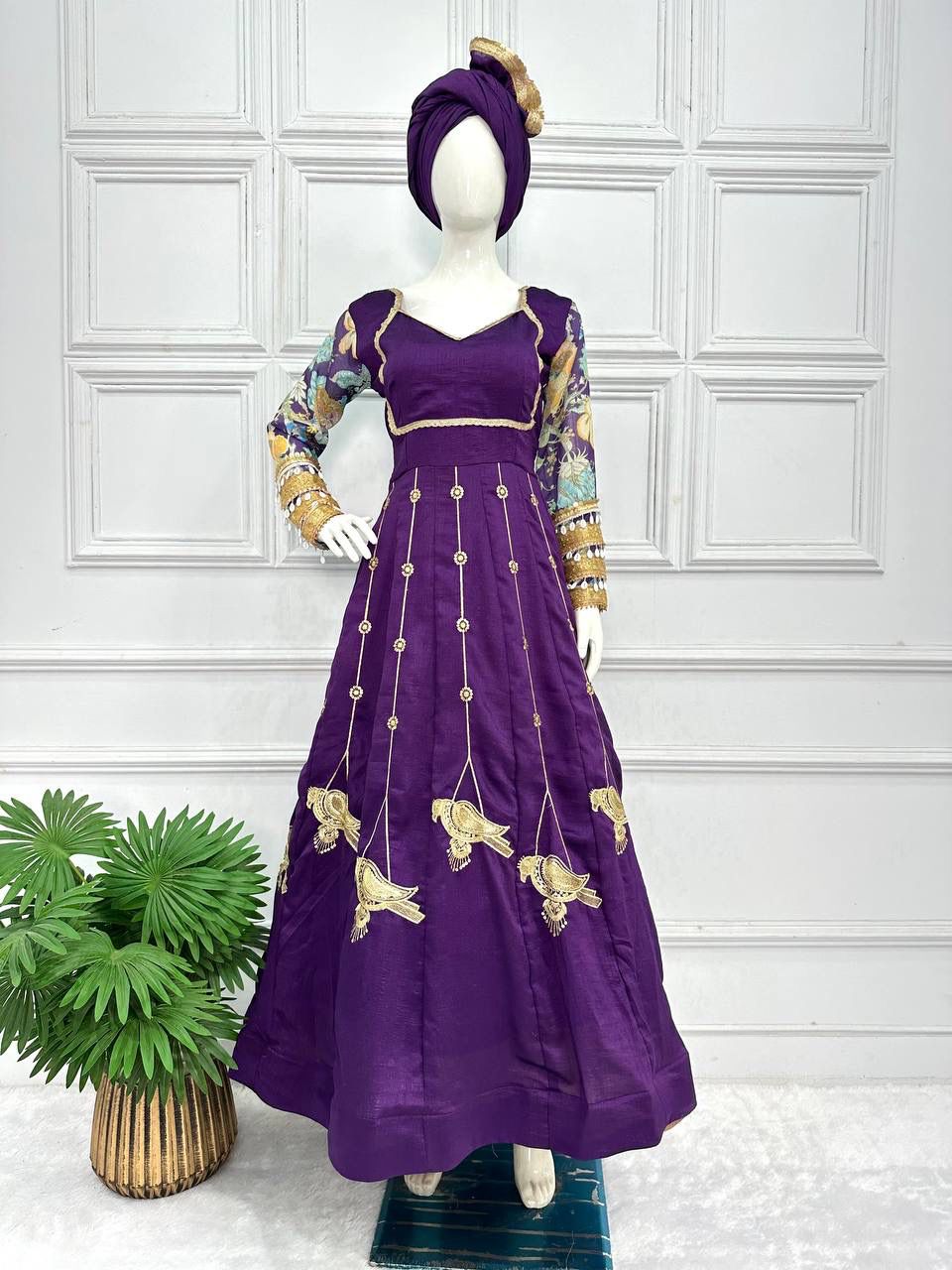 Fabulous Purple Blooming Vichitra Embroidery Zari And Sequins Work Designer Gown