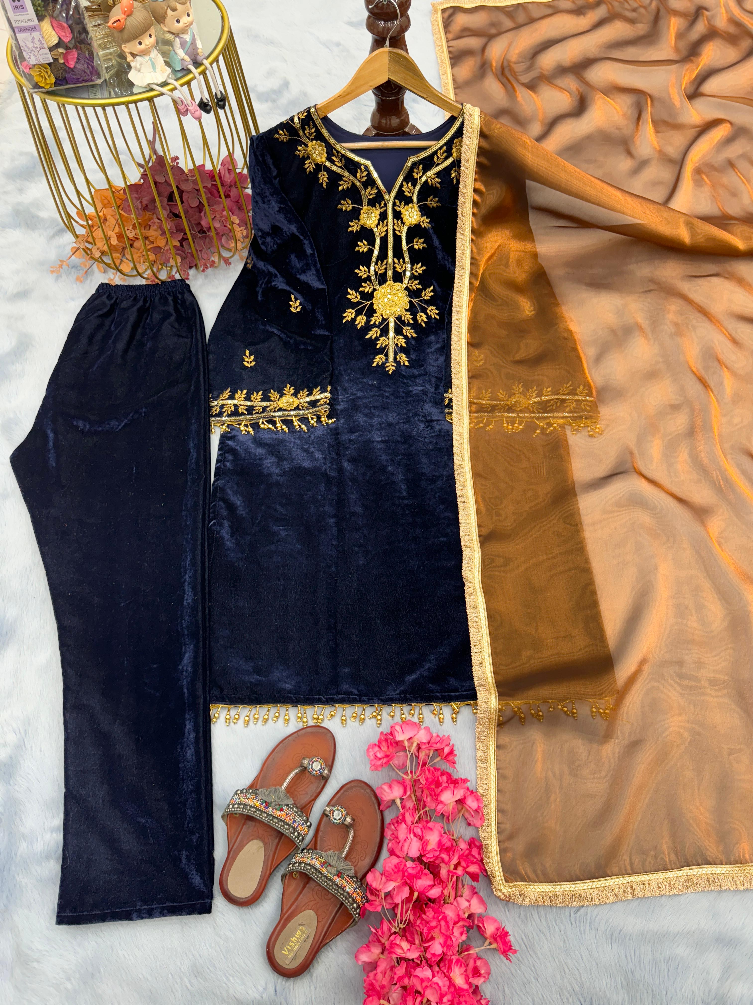 Ceremony Wear Navy Blue Color Heavy Pure Viscose Velvet With Embroidery 5 mm Sequence Work Salwar Suit