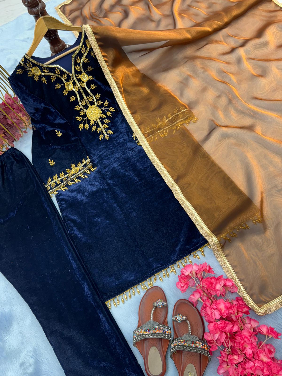 Ceremony Wear Navy Blue Color Heavy Pure Viscose Velvet With Embroidery 5 mm Sequence Work Salwar Suit