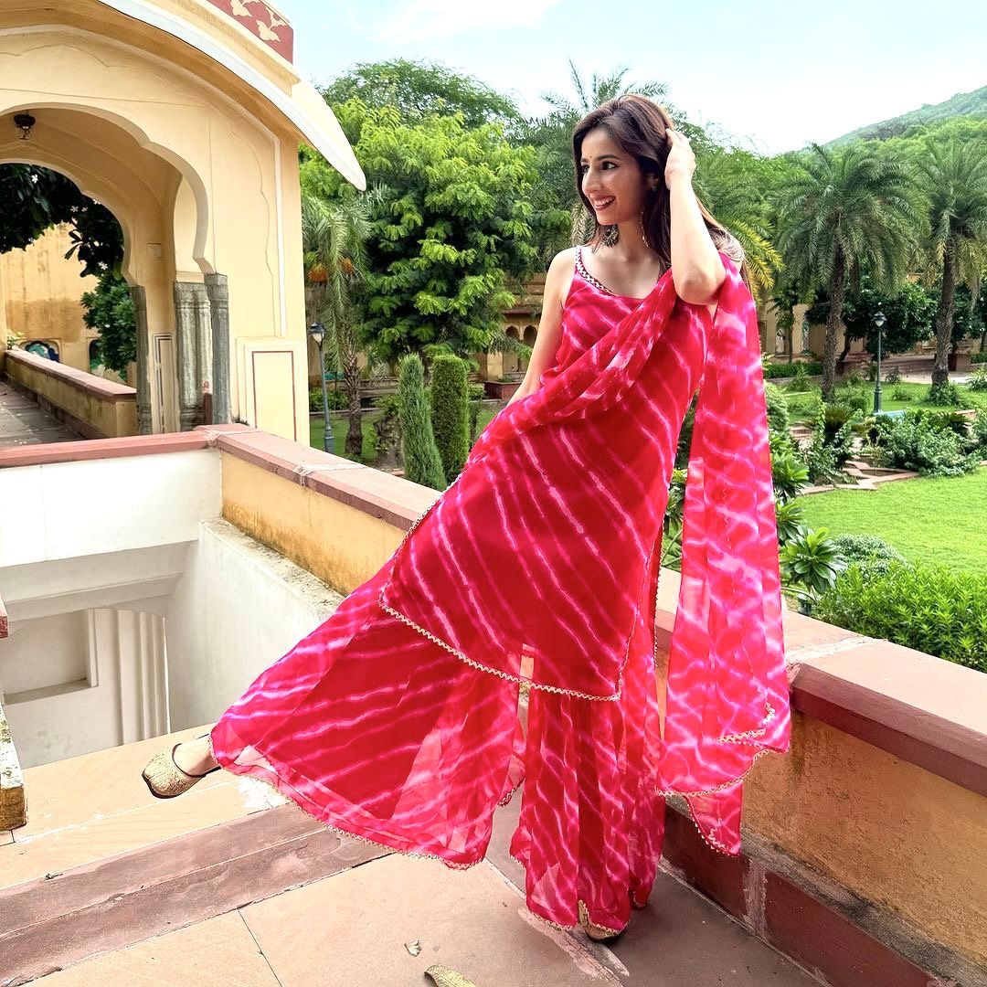 Trending Pink Color Faux Georgette With Digital Print With Fancy Lace Designer Sharara Suit