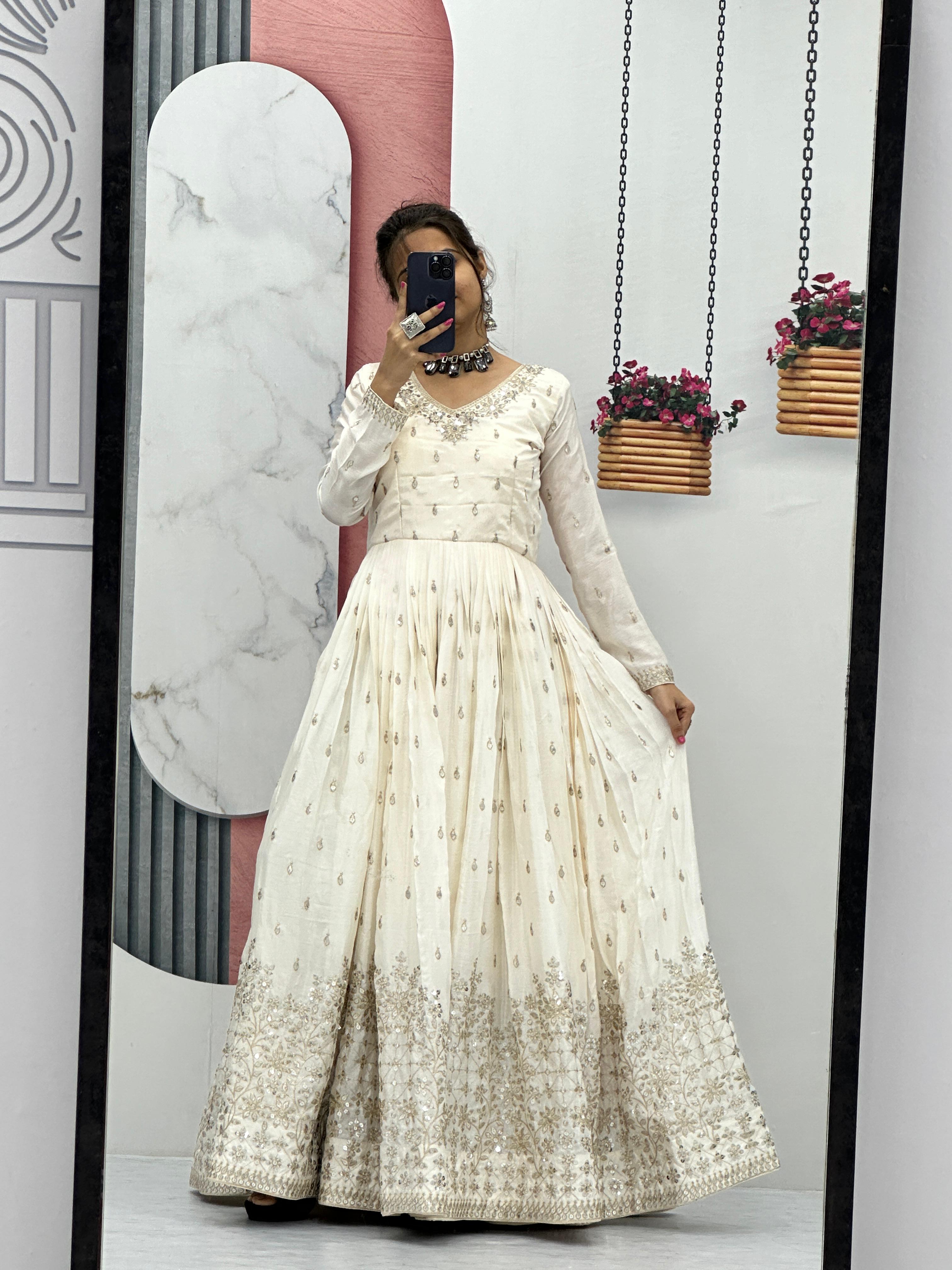 Bollywood Style White Color Chinon With Heavy Embroidery 7mm Sequence Work Designer Gown