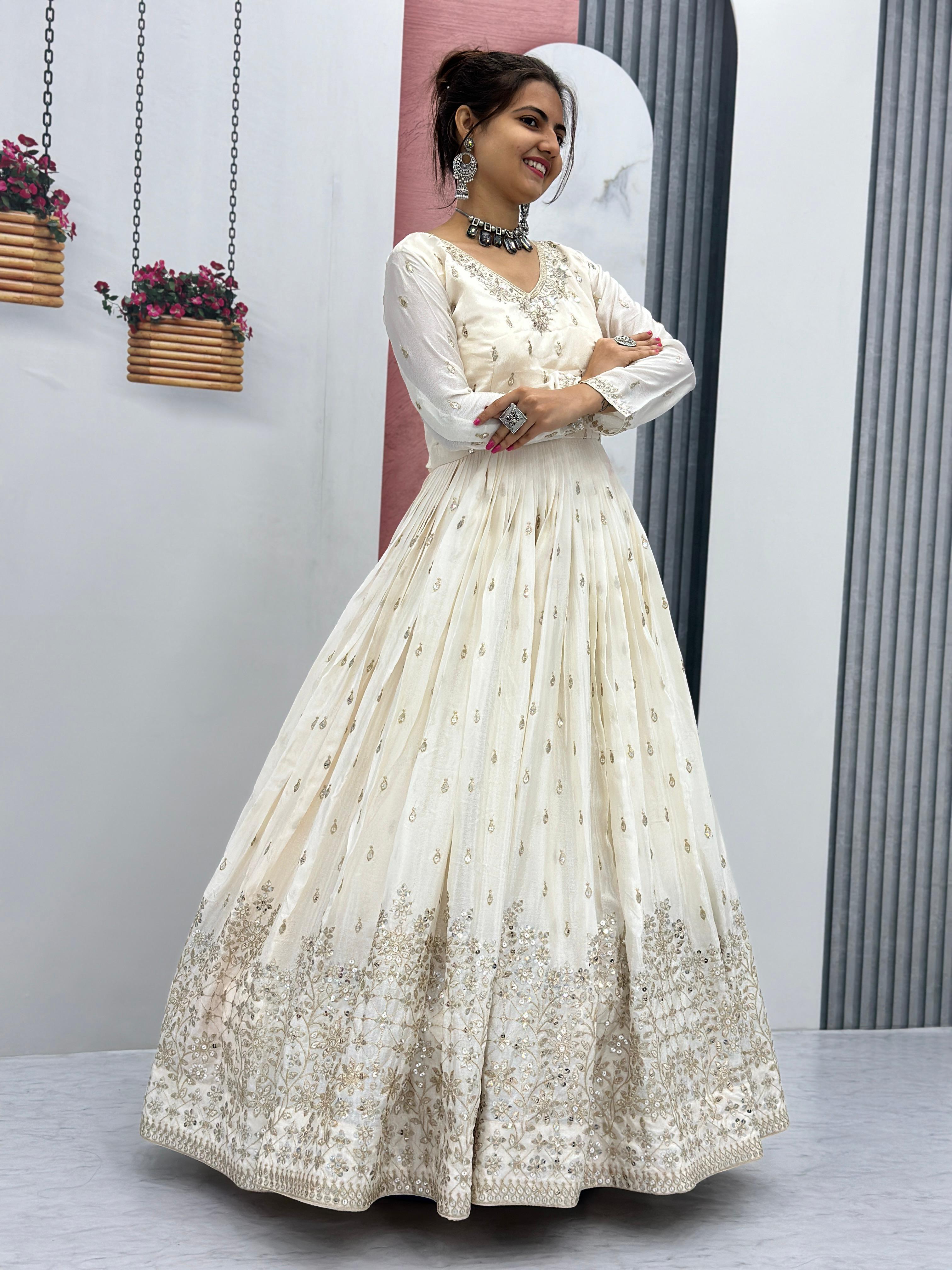 Bollywood Style White Color Chinon With Heavy Embroidery 7mm Sequence Work Designer Gown