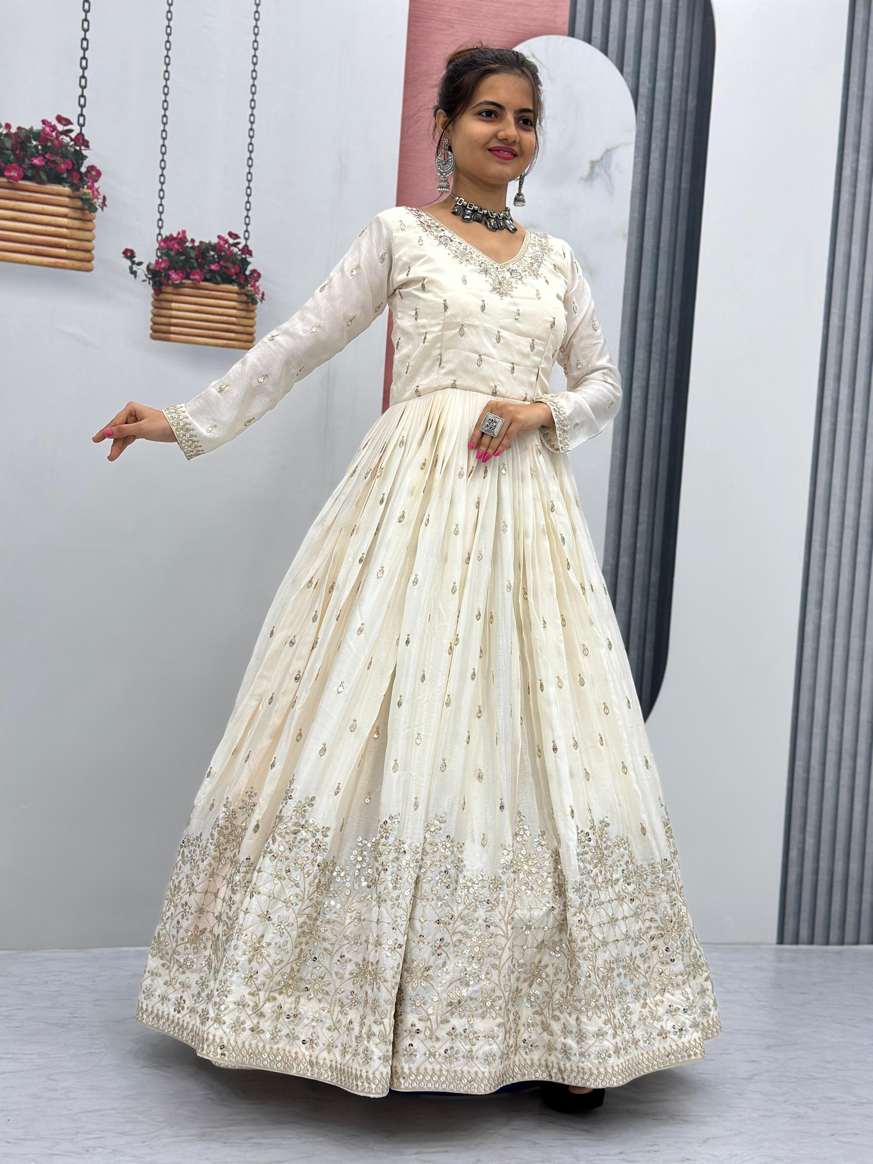 Bollywood Style White Color Chinon With Heavy Embroidery 7mm Sequence Work Designer Gown