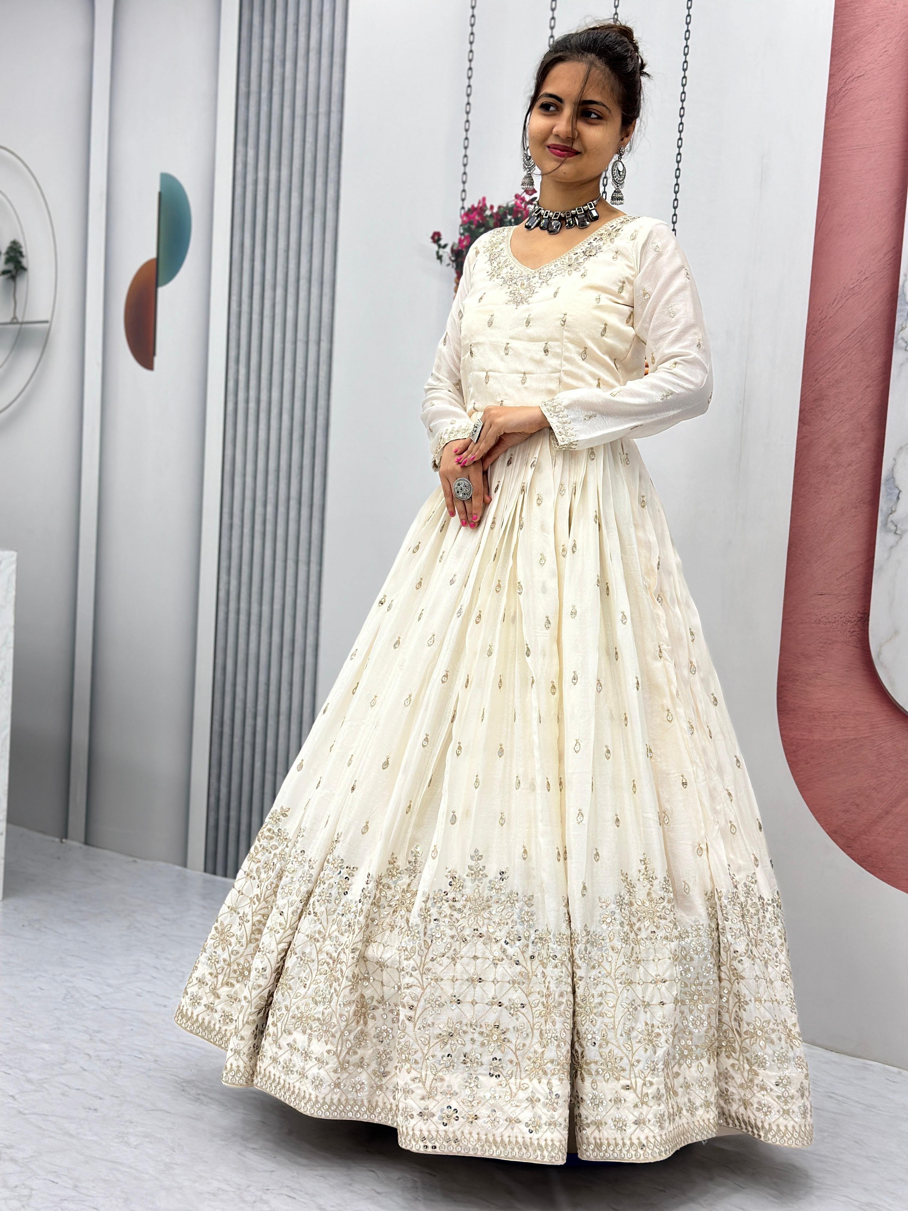 Bollywood Style White Color Chinon With Heavy Embroidery 7mm Sequence Work Designer Gown