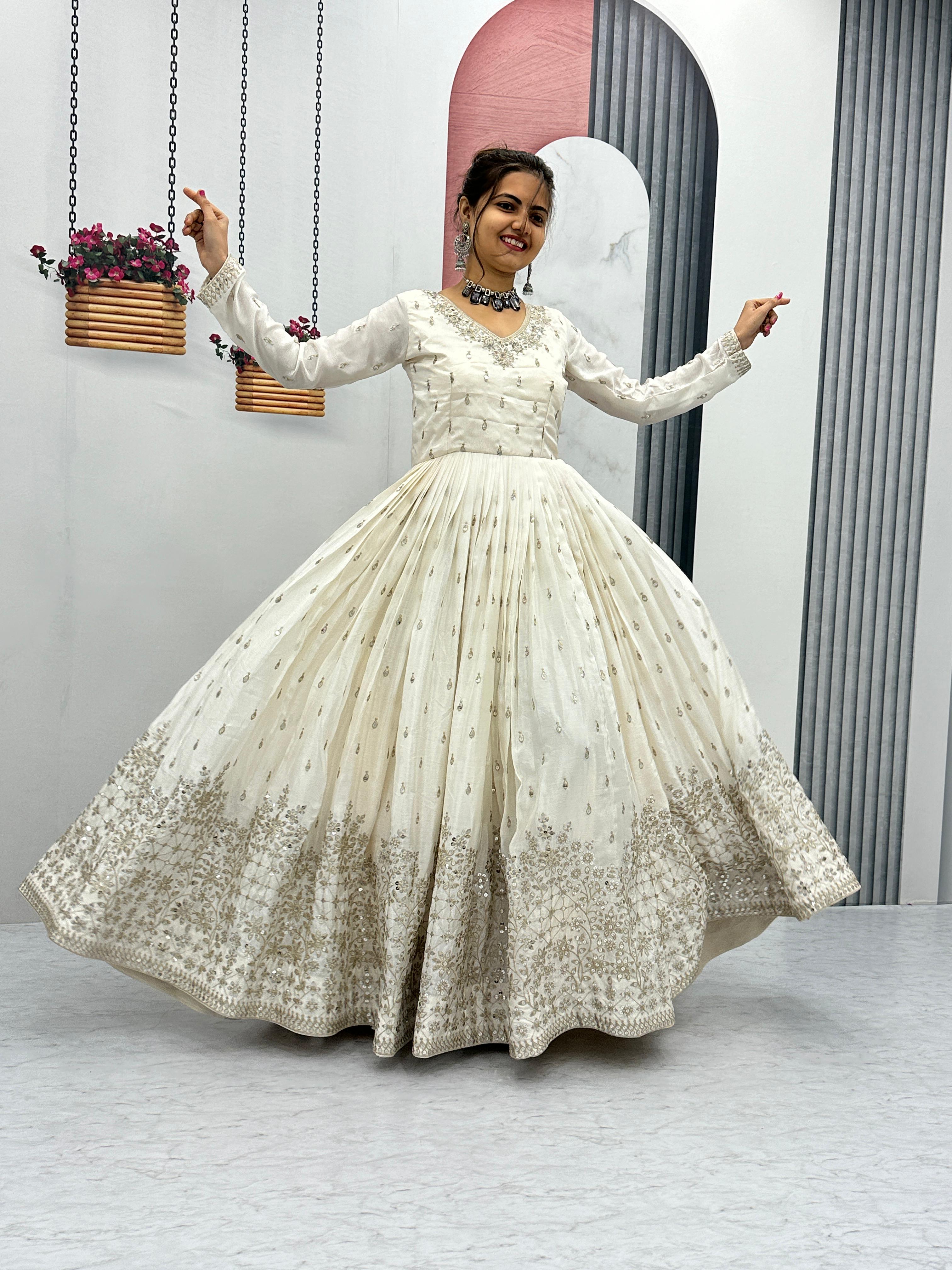 Bollywood Style White Color Chinon With Heavy Embroidery 7mm Sequence Work Designer Gown