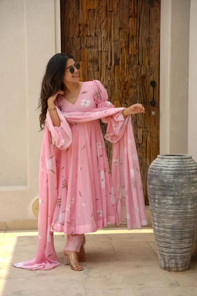 Alluring Baby Pink Color Soft Heavy Faux Georgette With Digital Print Designer Gown