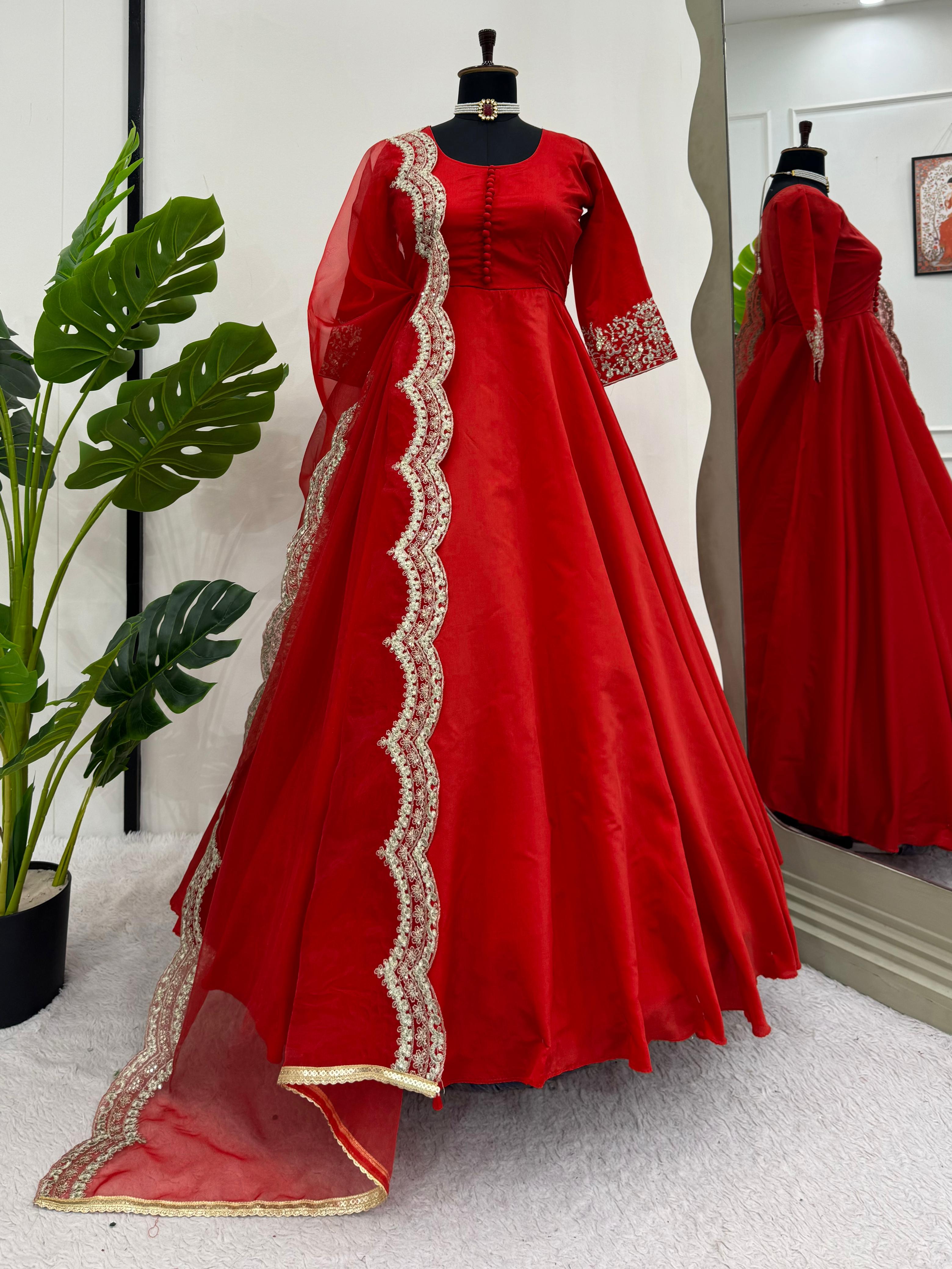 Elegant Red Color Tapeta Silk With Thread And Work Dupatta Designer Gown