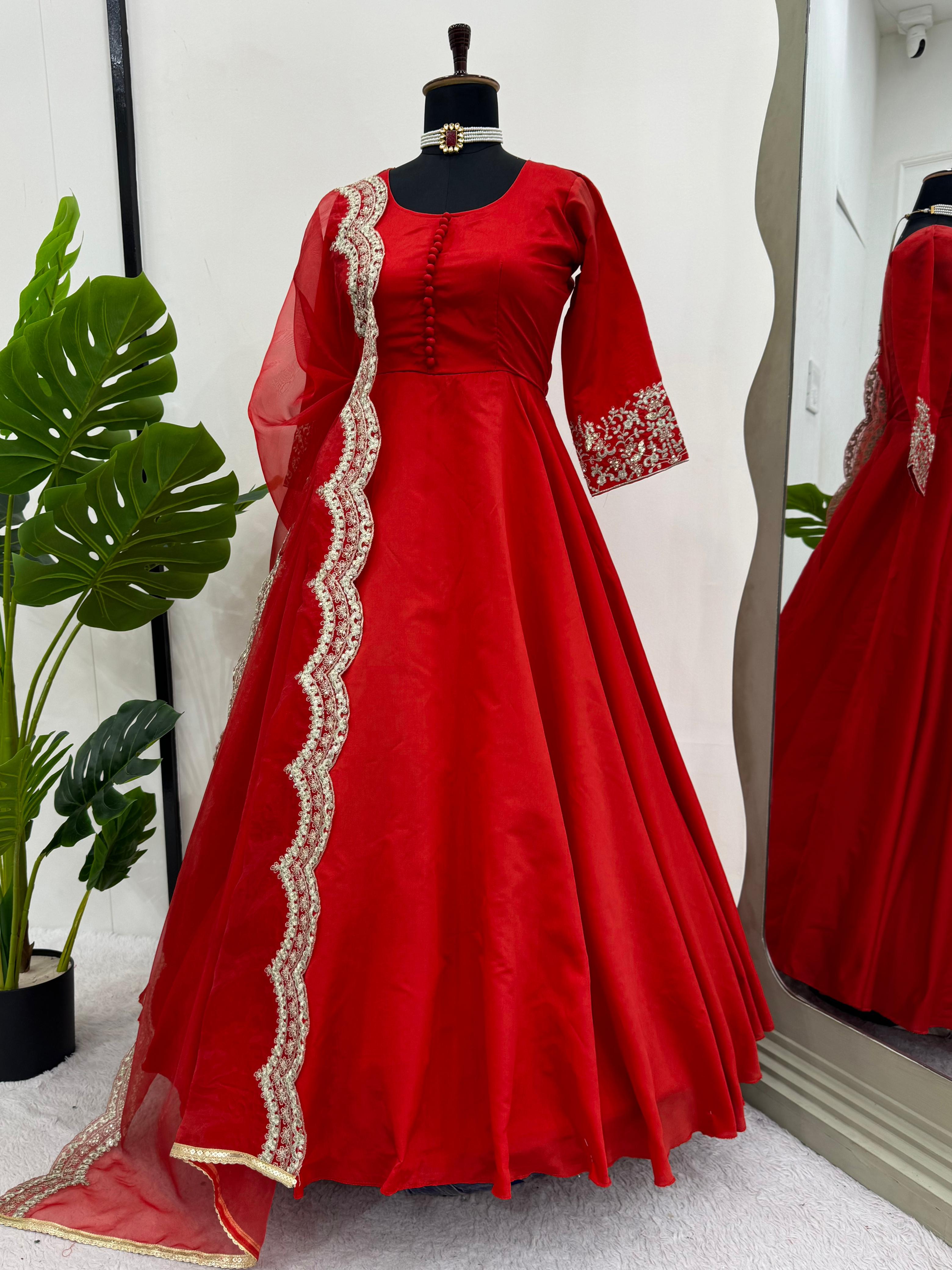 Elegant Red Color Tapeta Silk With Thread And Work Dupatta Designer Gown