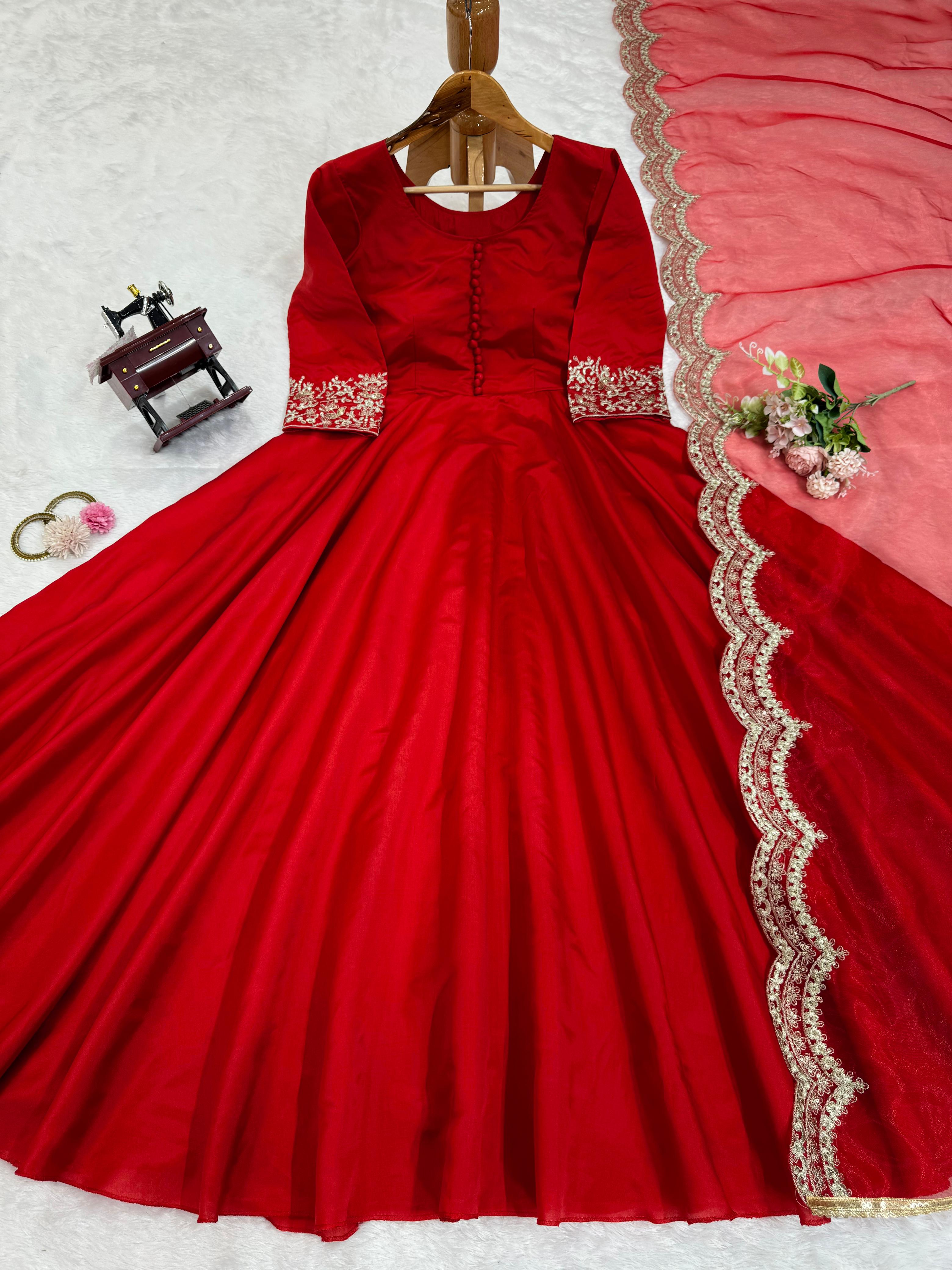 Elegant Red Color Tapeta Silk With Thread And Work Dupatta Designer Gown