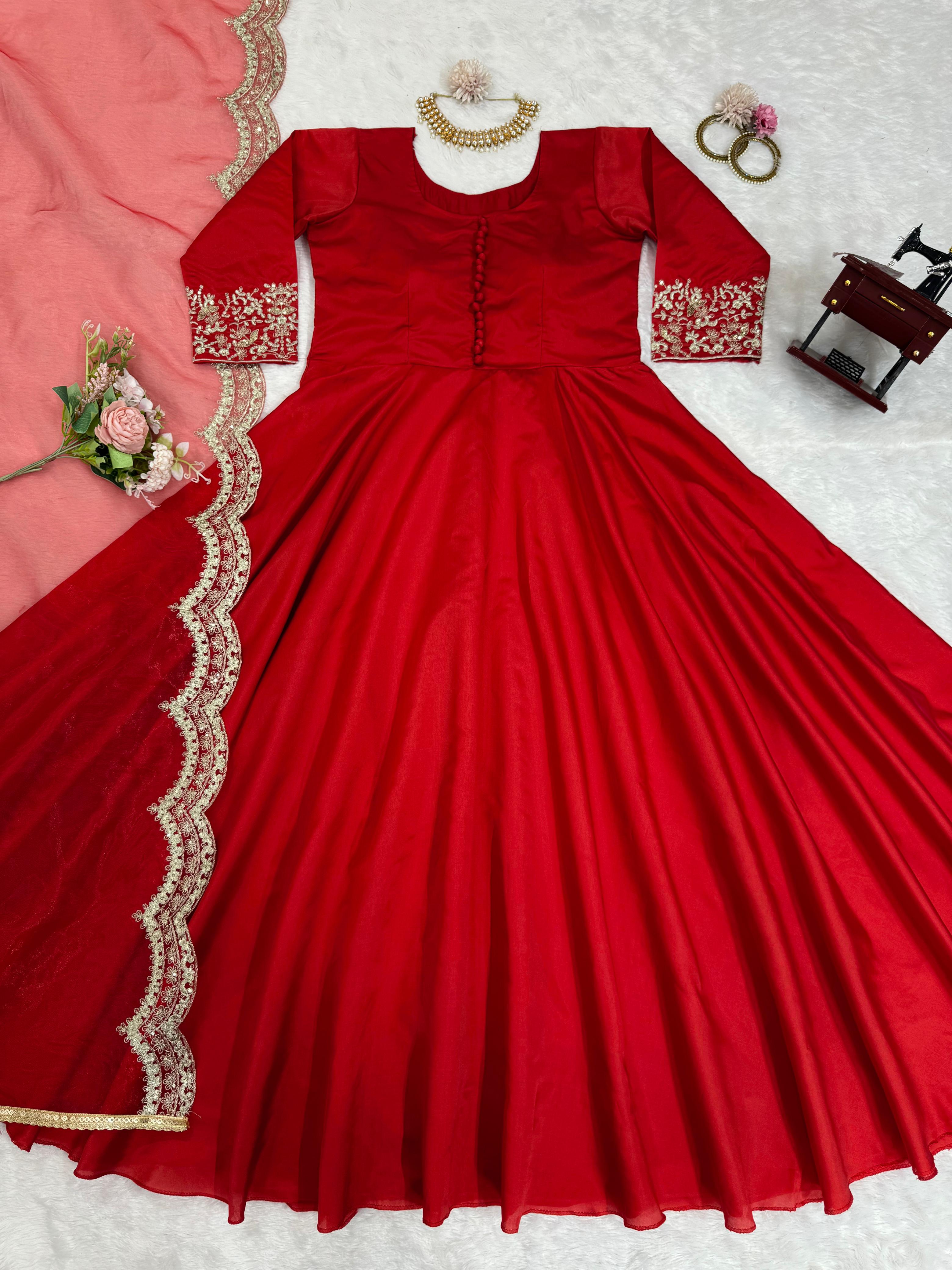 Elegant Red Color Tapeta Silk With Thread And Work Dupatta Designer Gown