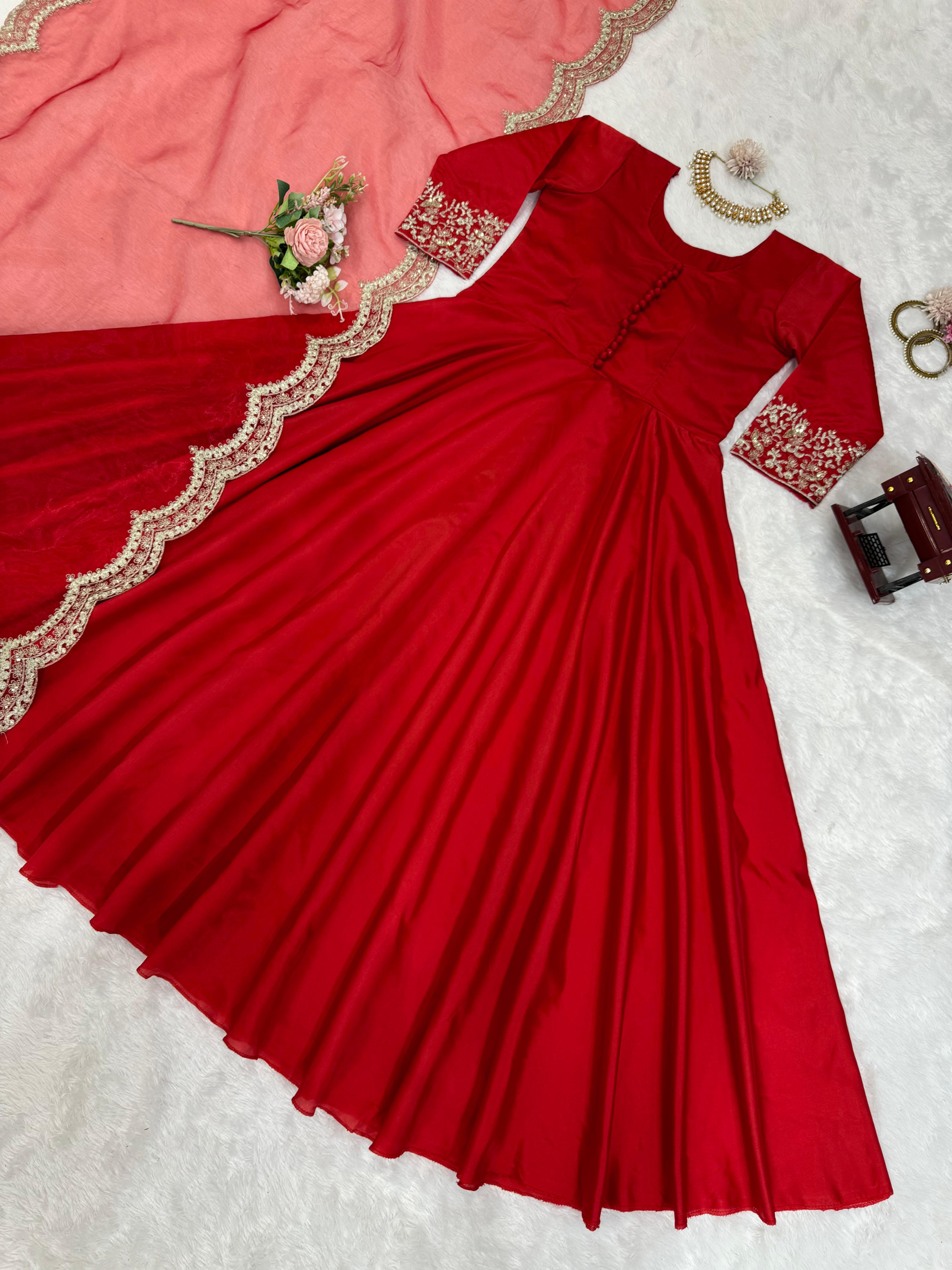 Elegant Red Color Tapeta Silk With Thread And Work Dupatta Designer Gown