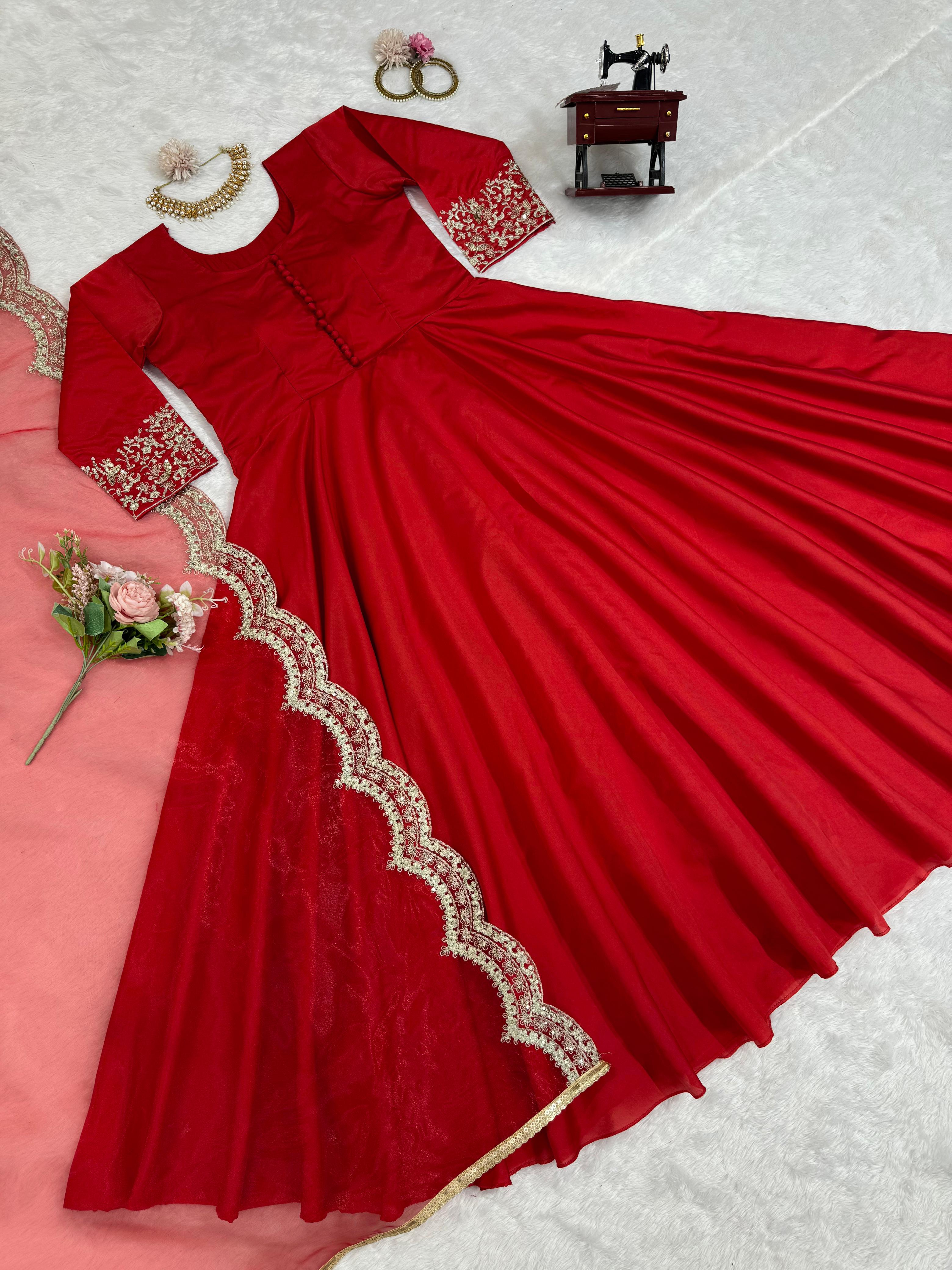 Elegant Red Color Tapeta Silk With Thread And Work Dupatta Designer Gown