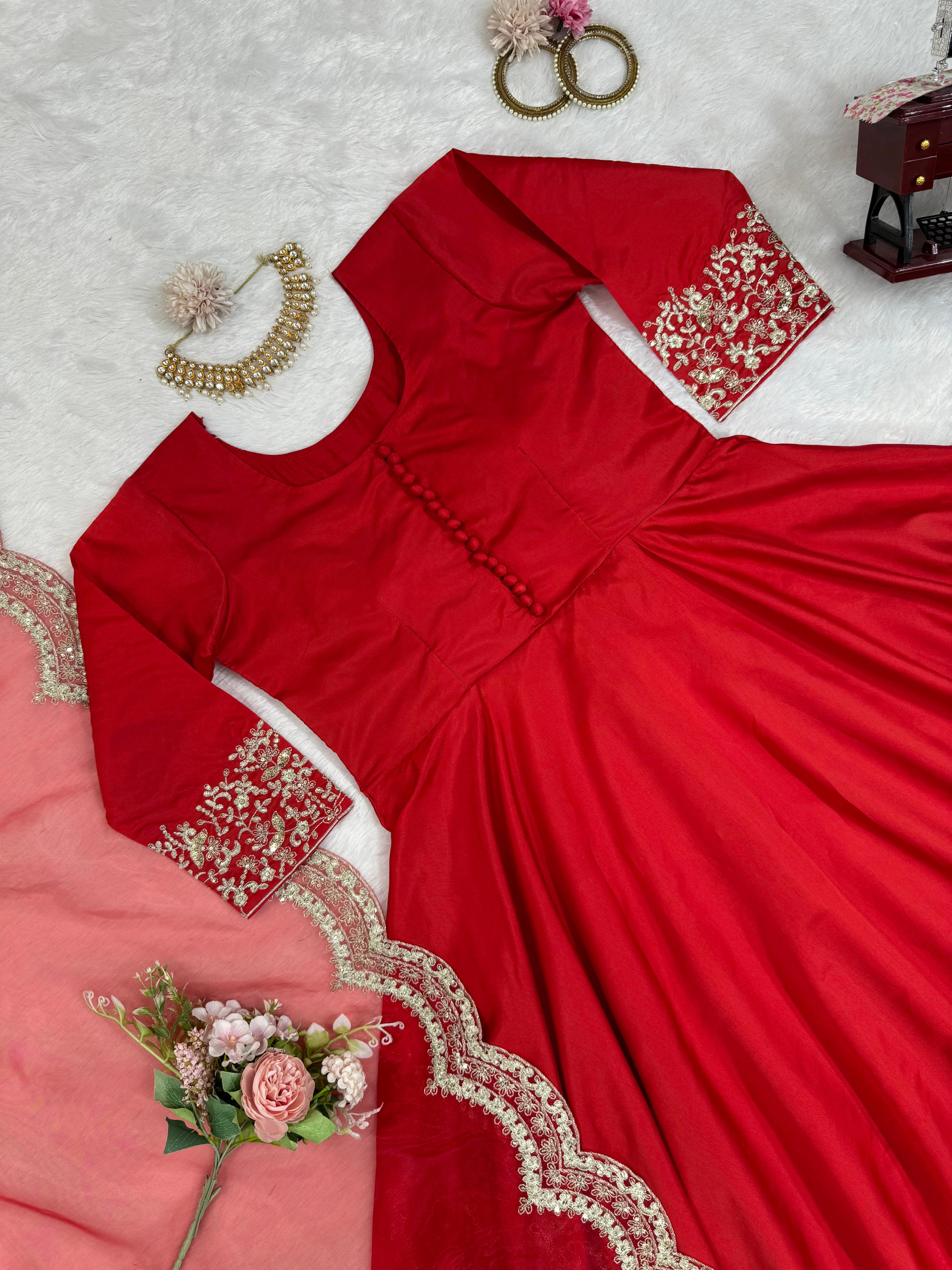 Elegant Red Color Tapeta Silk With Thread And Work Dupatta Designer Gown