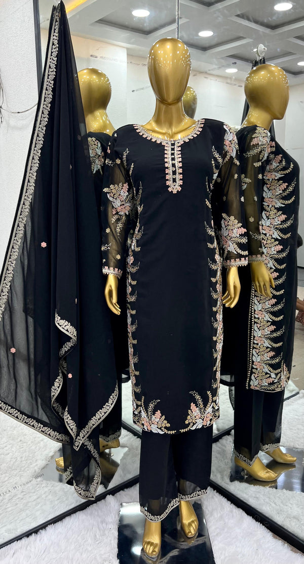 Classy Black Color Faux Georgette With Heavy Embroidery Work Salwar Suit