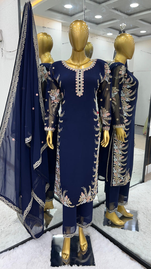 Classy Navy Blue Color Faux Georgette With Heavy Embroidery Work Salwar Suit