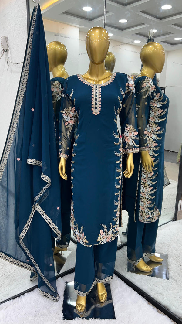 Classy Teal Blue Color Faux Georgette With Heavy Embroidery Work Salwar Suit