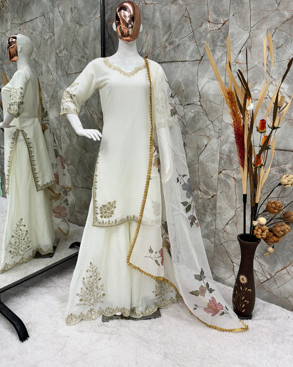 Peaceful Off White Color Chinon  Sequence Embroidery Work Designer Sharara Suit