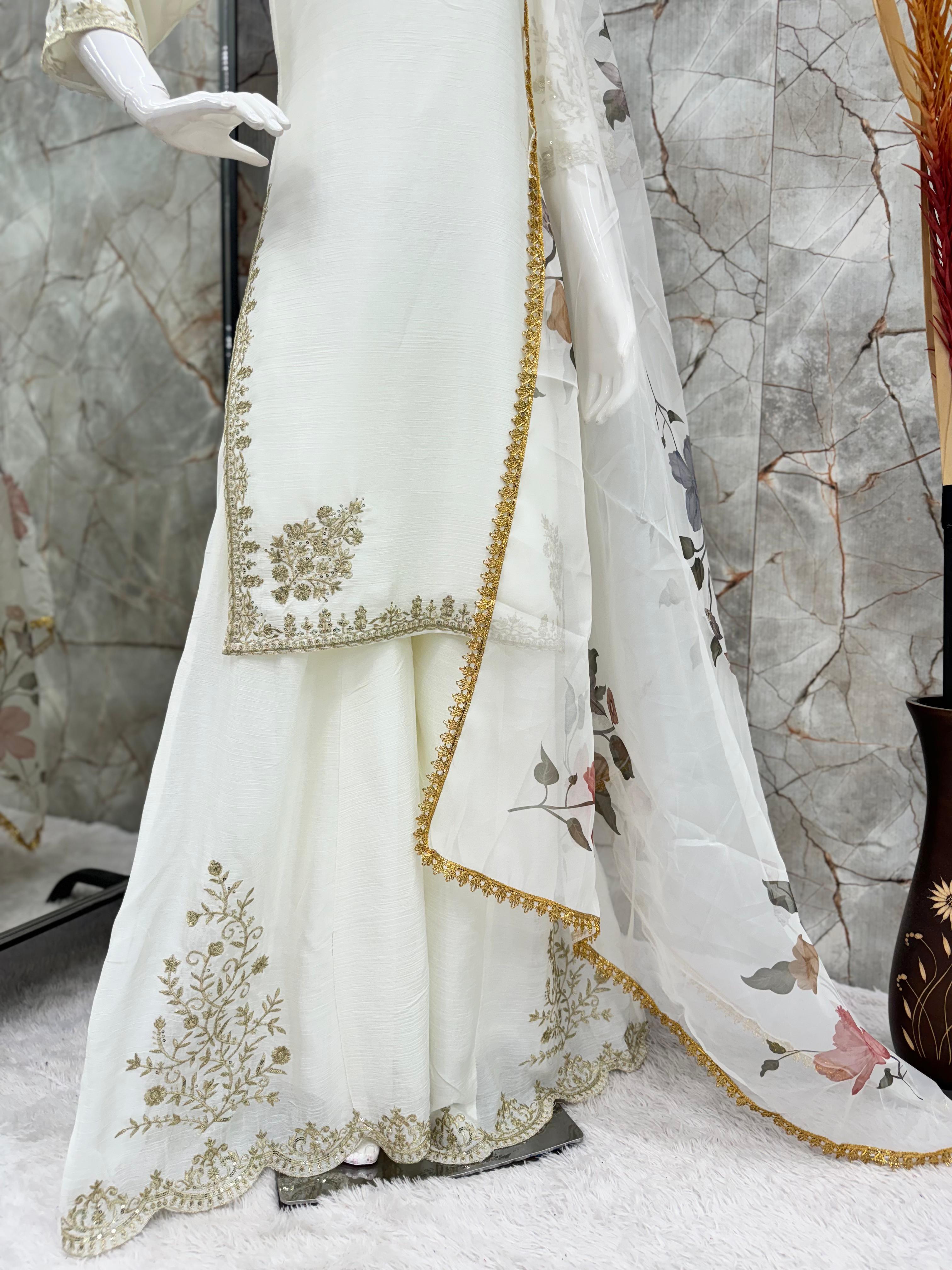 Peaceful Off White Color Chinon  Sequence Embroidery Work Designer Sharara Suit