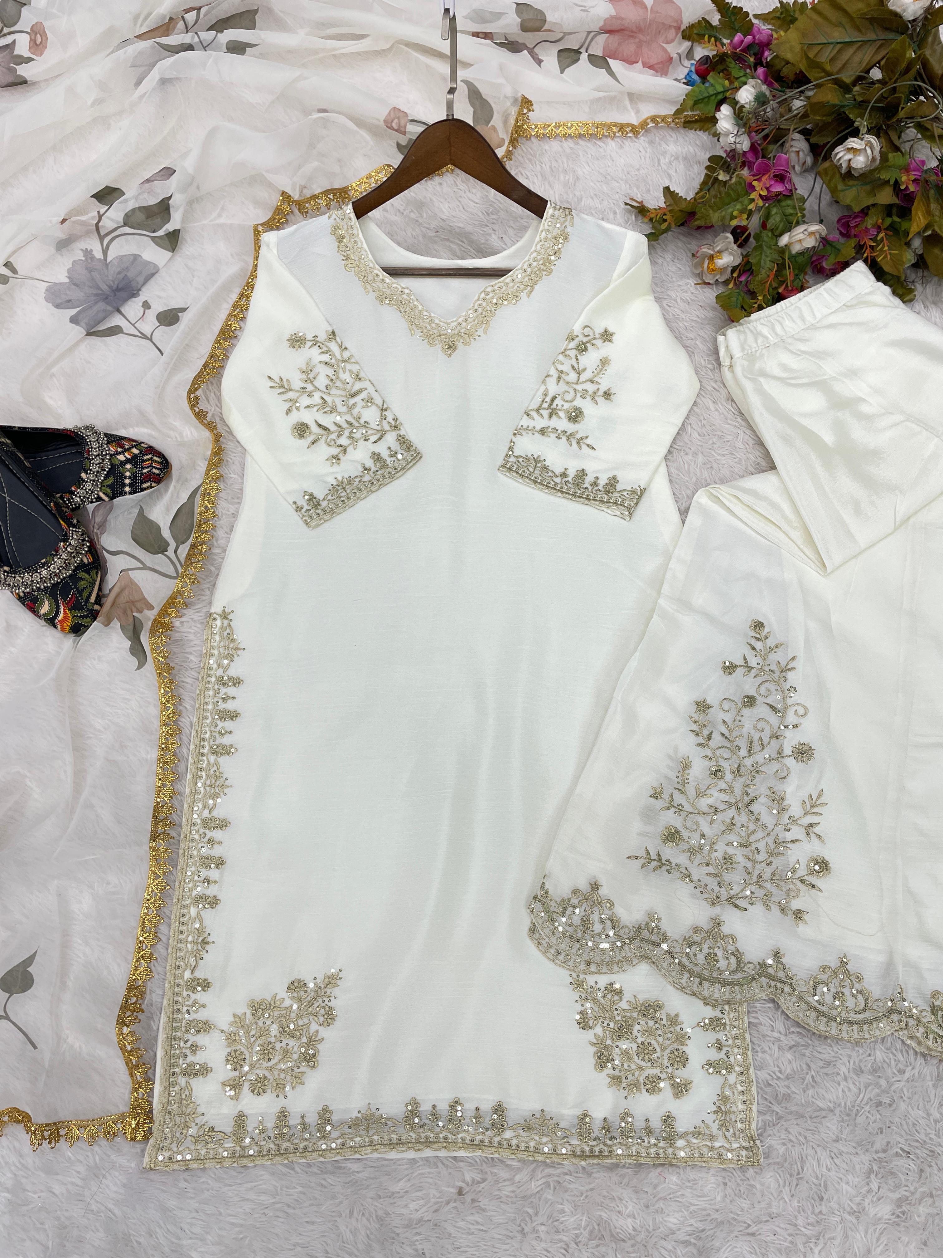 Peaceful Off White Color Chinon  Sequence Embroidery Work Designer Sharara Suit