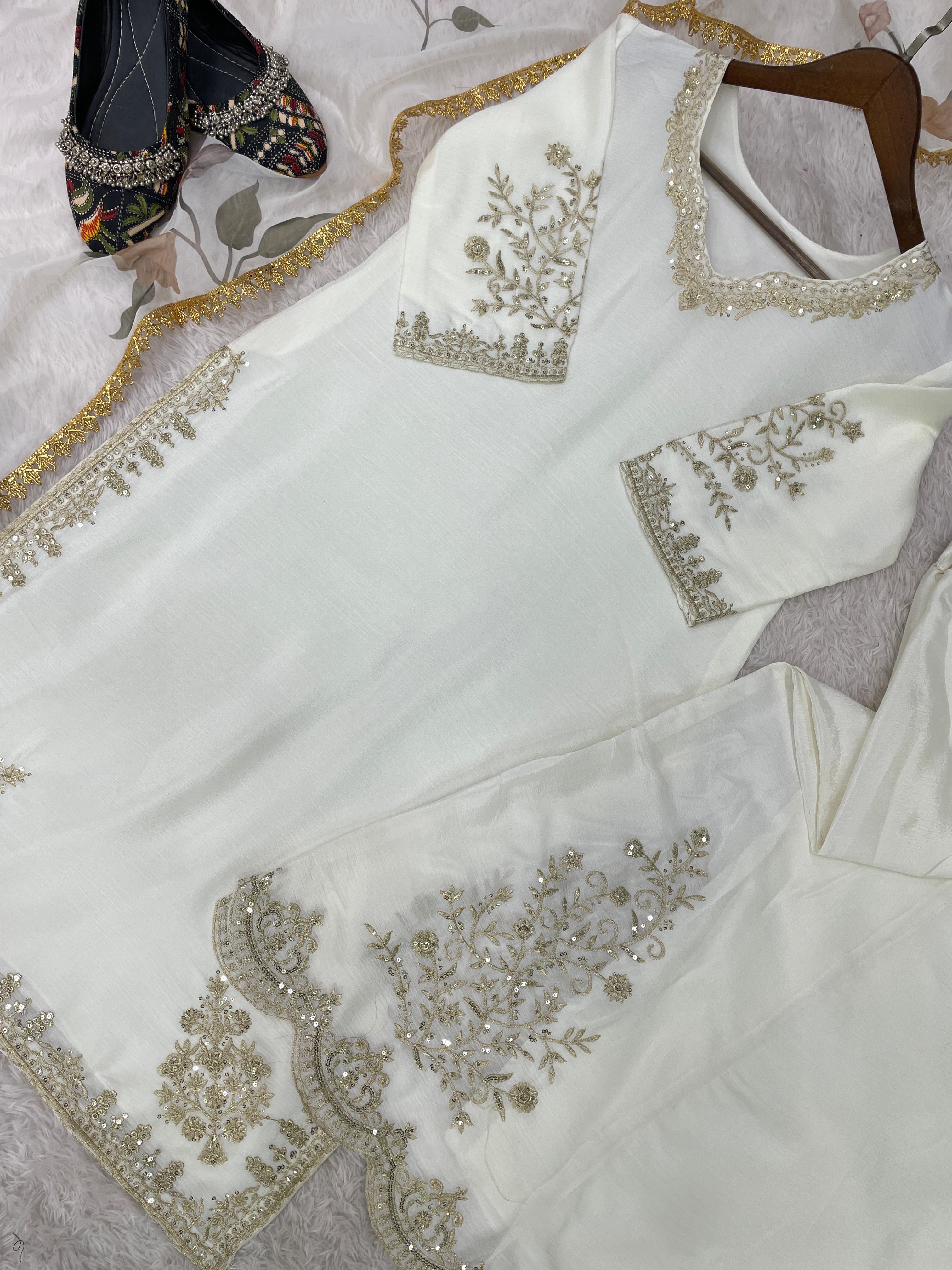 Peaceful Off White Color Chinon  Sequence Embroidery Work Designer Sharara Suit