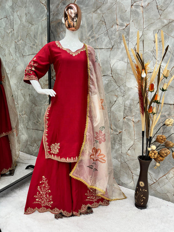 Charming Maroon Color Chinon Sequence Embroidery Work Designer Sharara Suit