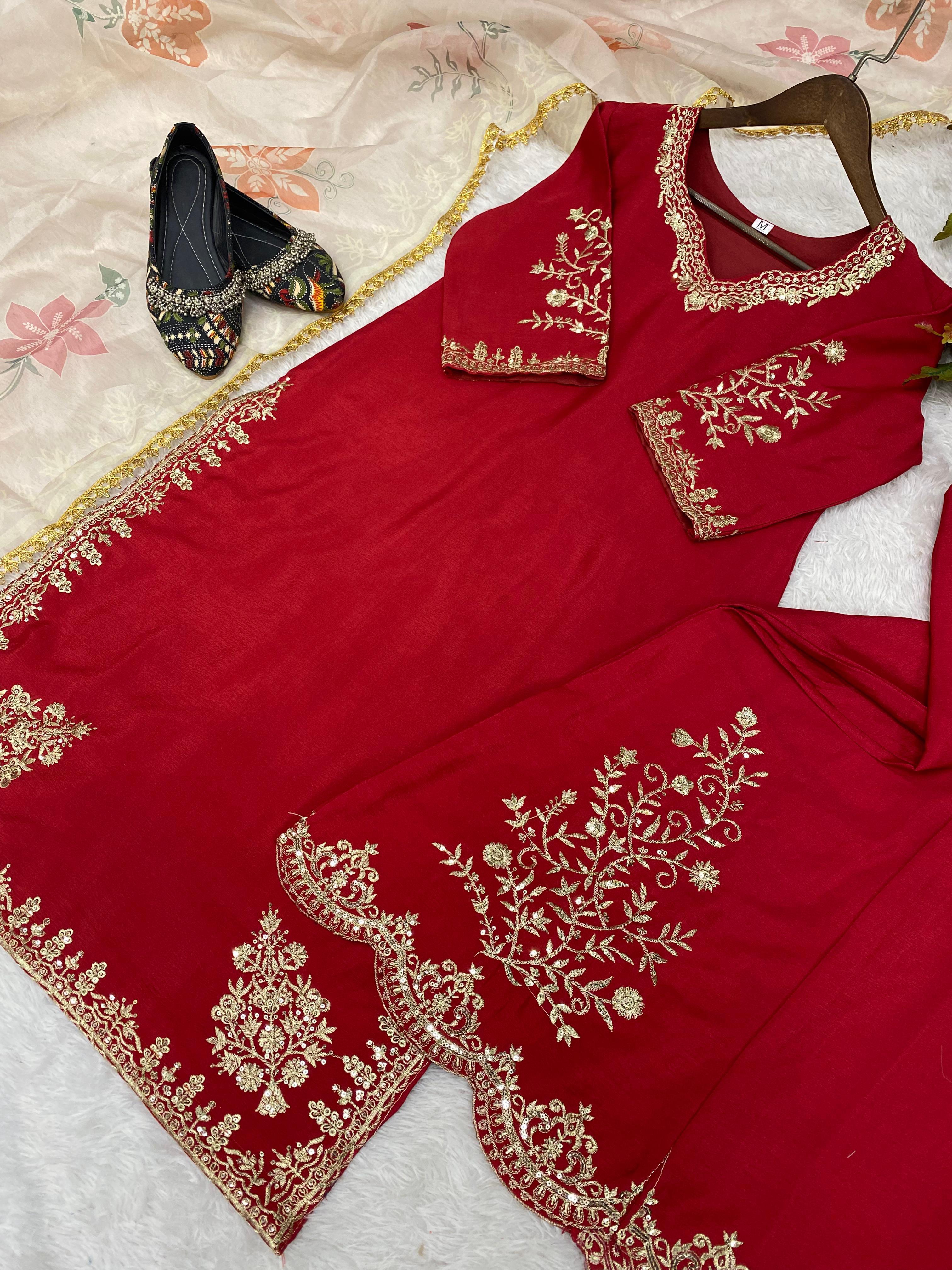 Charming Maroon Color Chinon Sequence Embroidery Work Designer Sharara Suit