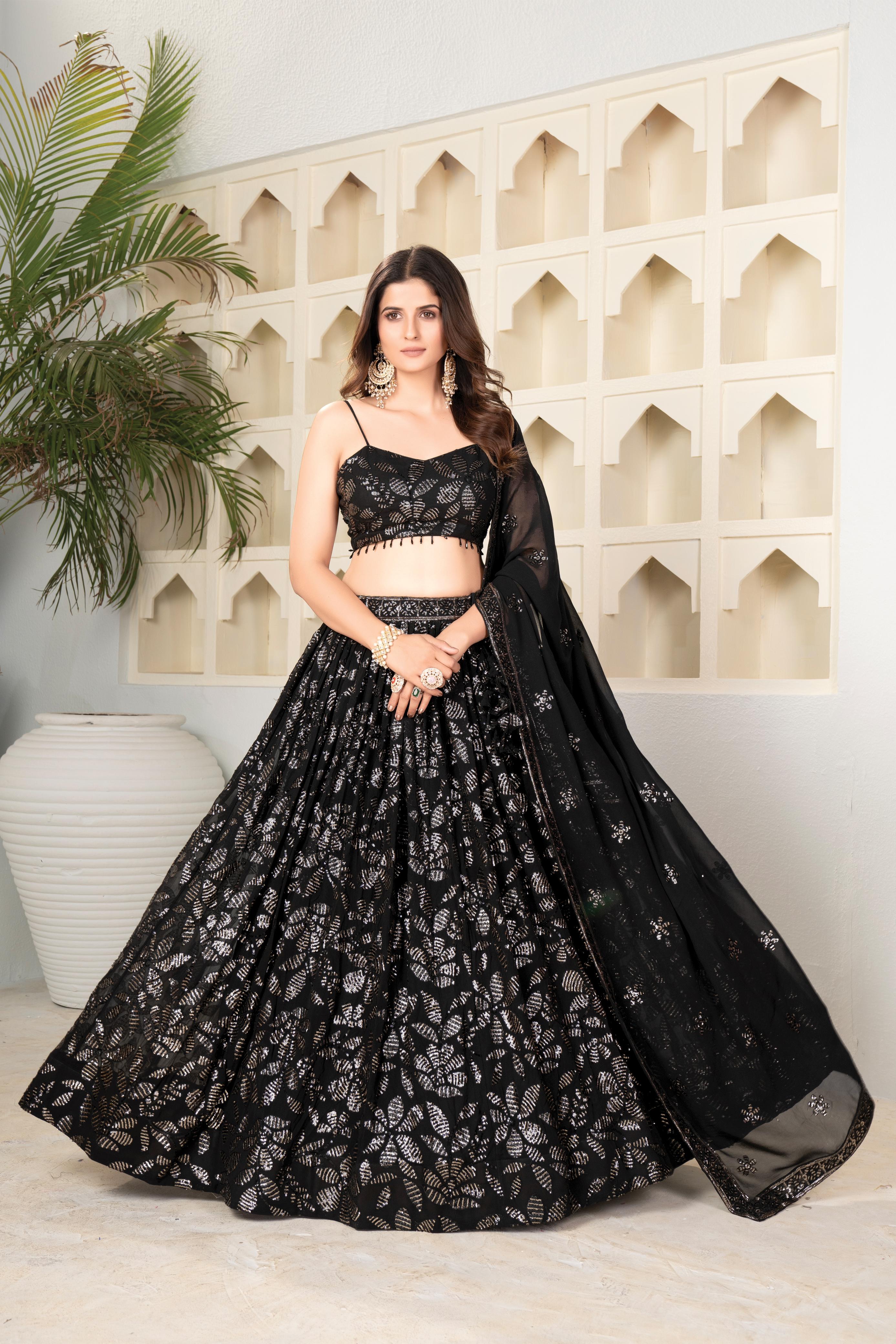 Marriage Special Black Color Faux Blooming With Embroidered Sequence Work Designer Lehenga Choli