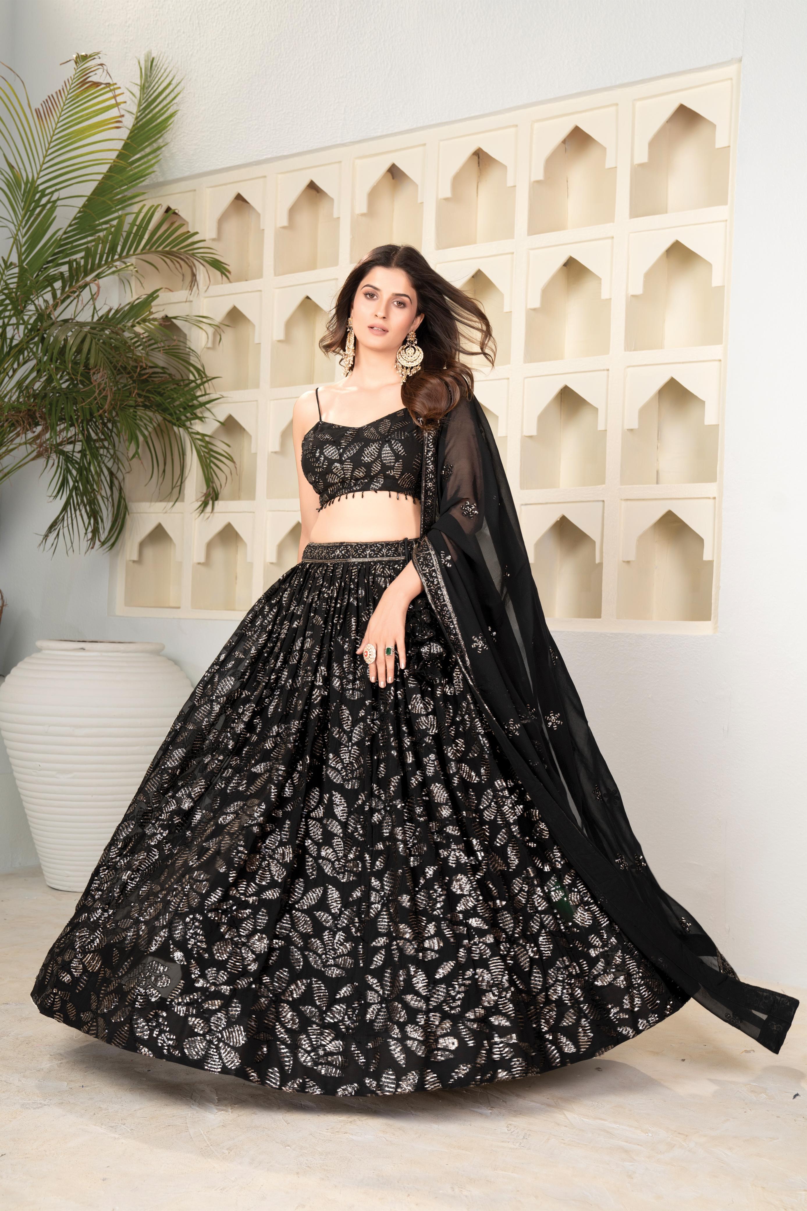 Marriage Special Black Color Faux Blooming With Embroidered Sequence Work Designer Lehenga Choli