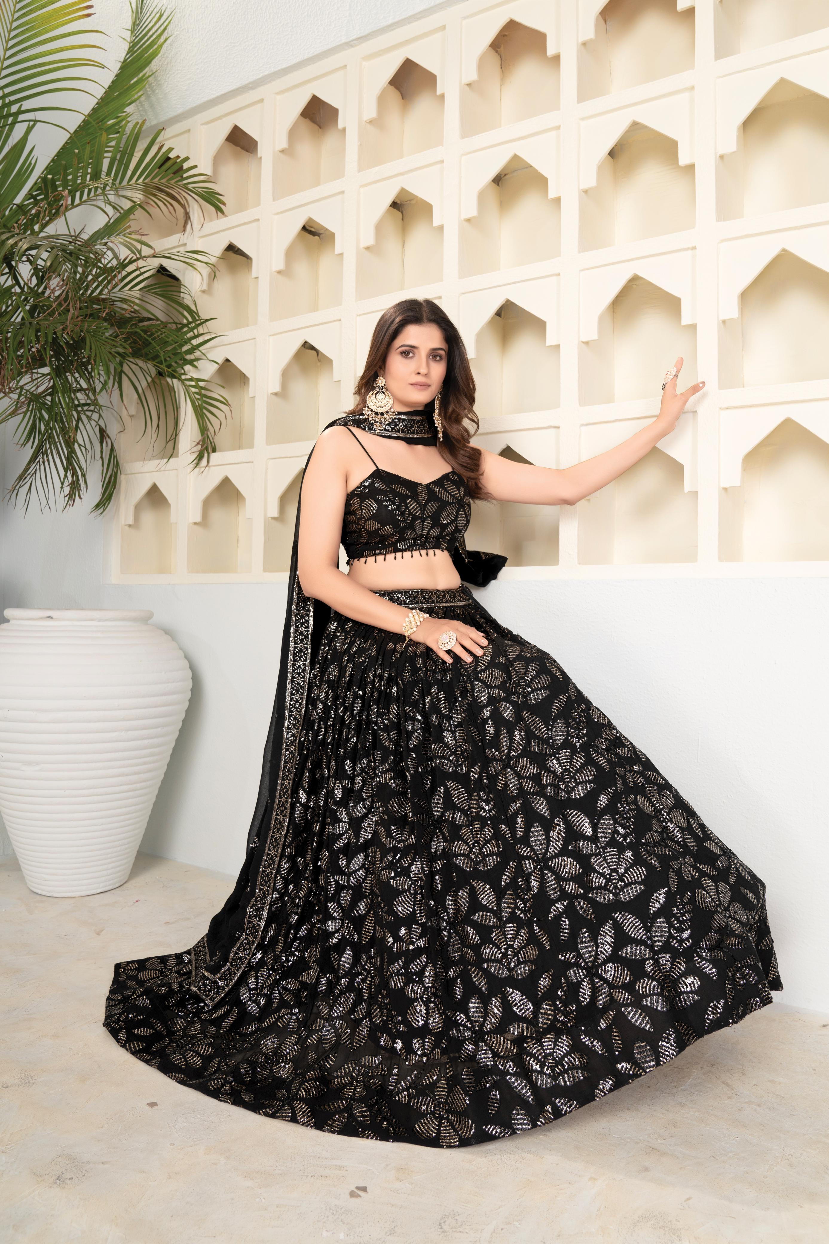 Marriage Special Black Color Faux Blooming With Embroidered Sequence Work Designer Lehenga Choli