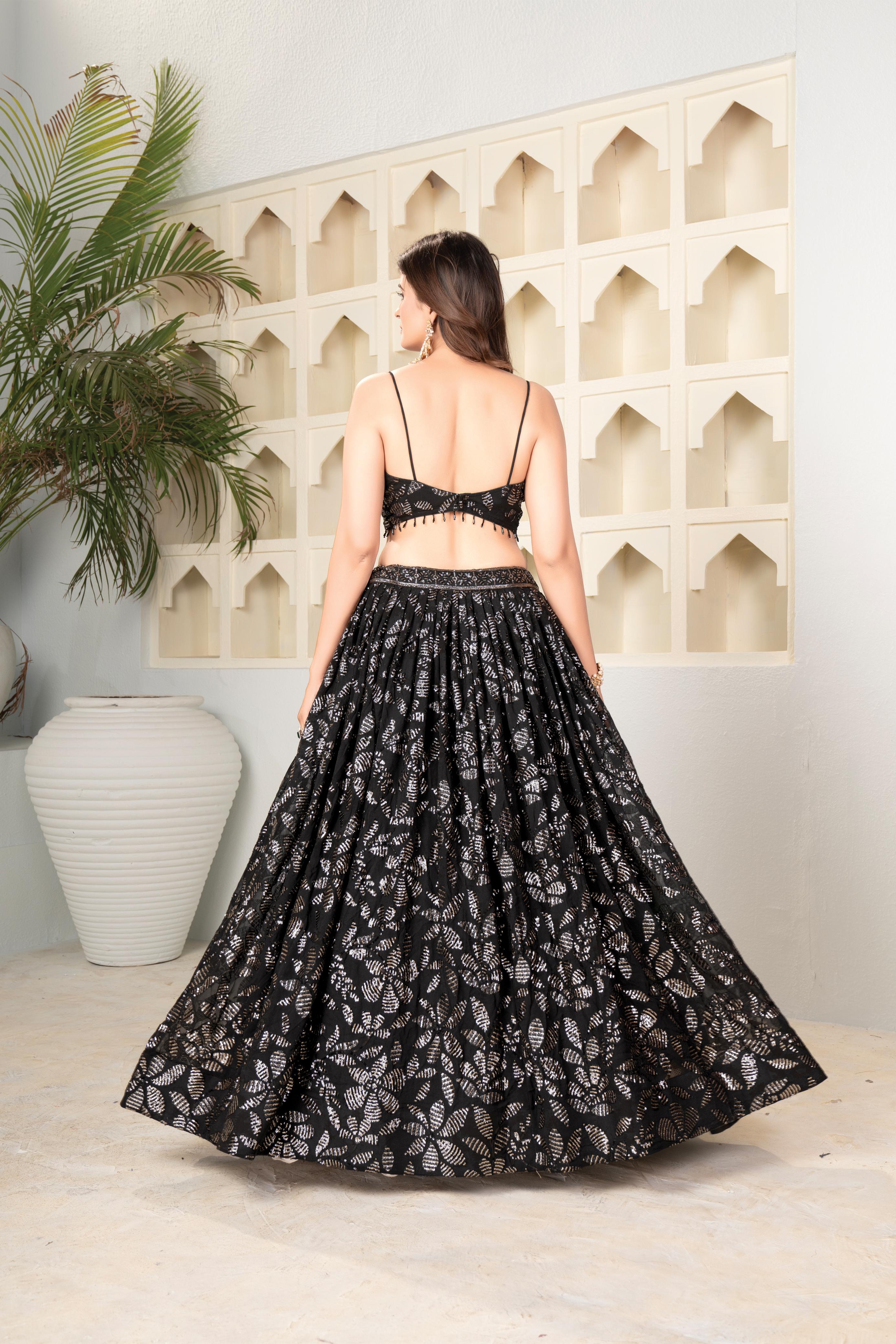 Marriage Special Black Color Faux Blooming With Embroidered Sequence Work Designer Lehenga Choli